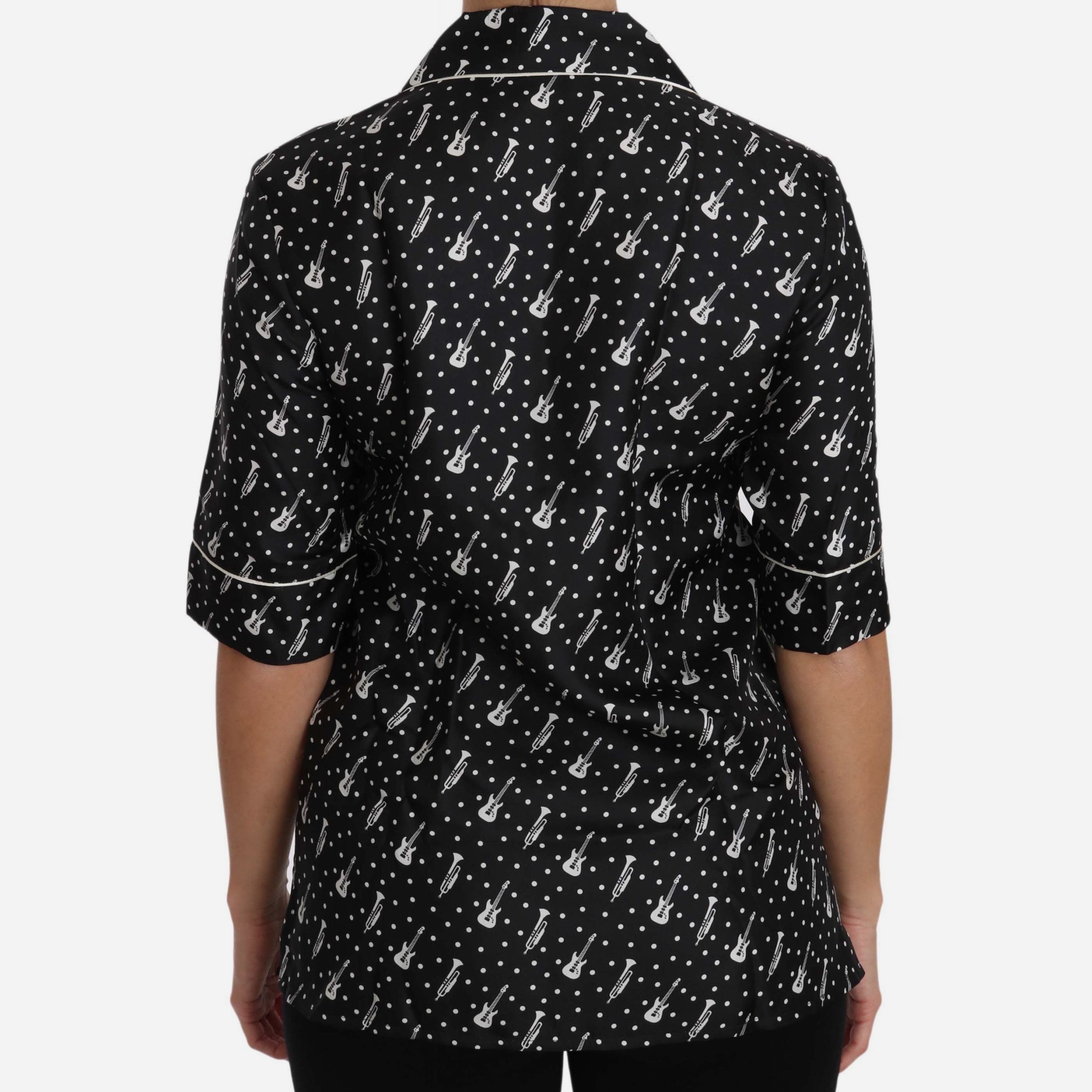Дамска луксозна копринена риза с къс ръкав DOLCE & GABBANA Women’s Short Sleeved Silk Guitar Trumpet Print Shirt