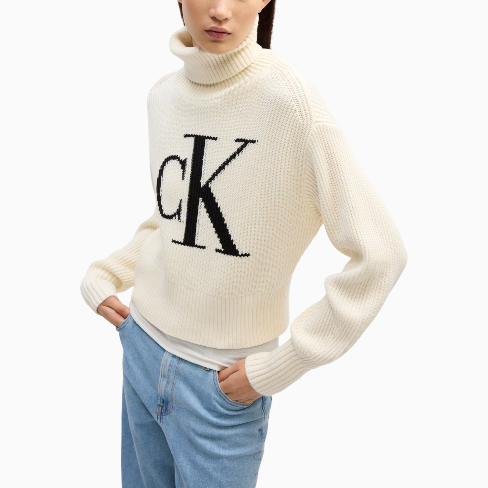 Дамски бял пуловер Calvin Klein Jeans Women Sweater LV047D349G Side View