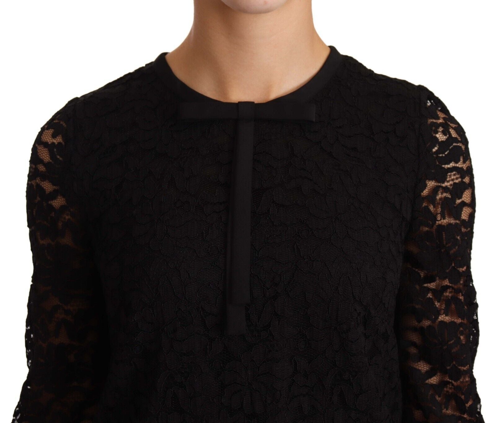 Dolce & Gabbana Елегантен черен дантелен топ с флорални мотиви с дълъг ръкав