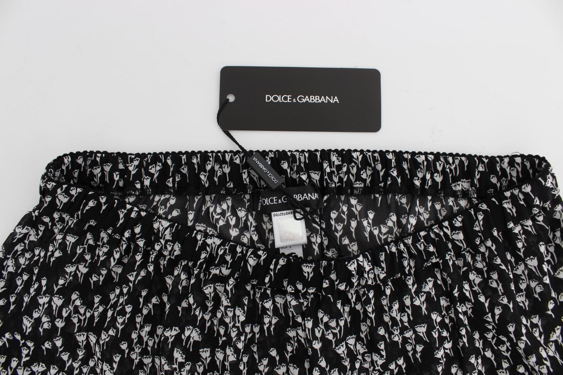 Dolce & Gabbana Елегантни черно-бели дантелени копринени шорти с флорални мотиви