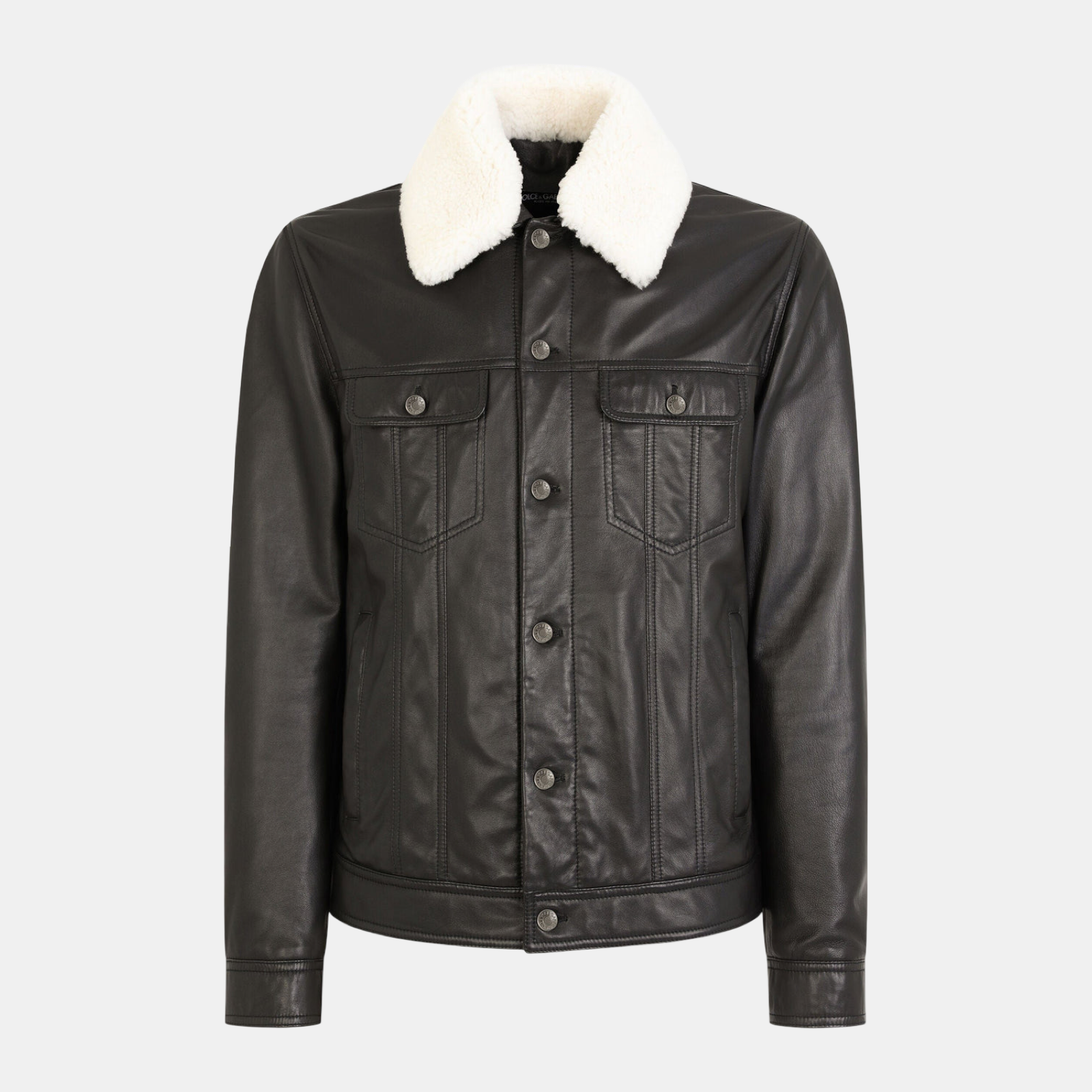 Dolce & Gabbana Shearling Collar Men Leather Jacket G9VN0L HULLZ N0000 Front View