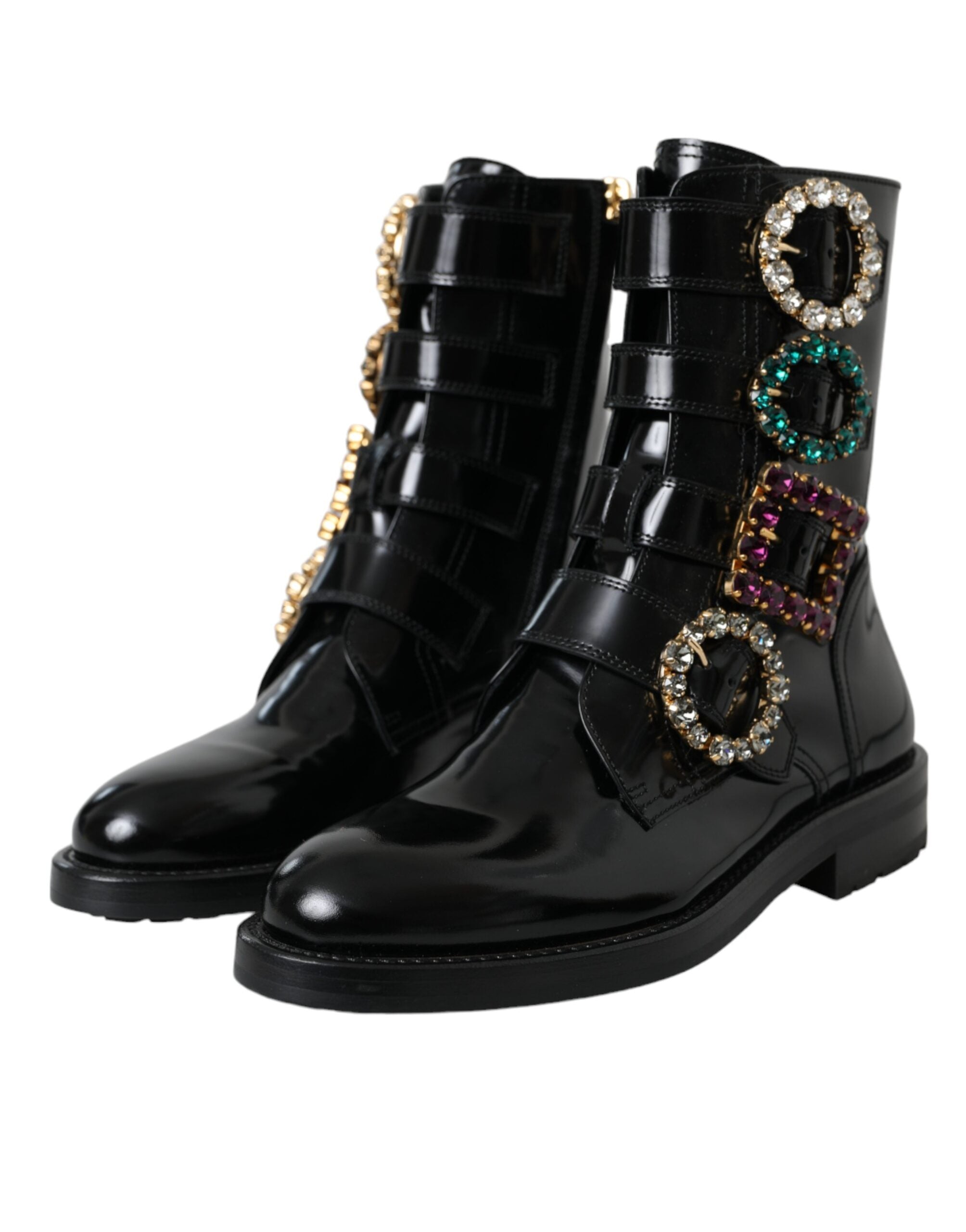 Dolce & Gabbana Черни кожени ботуши с кристални катарами Обувки