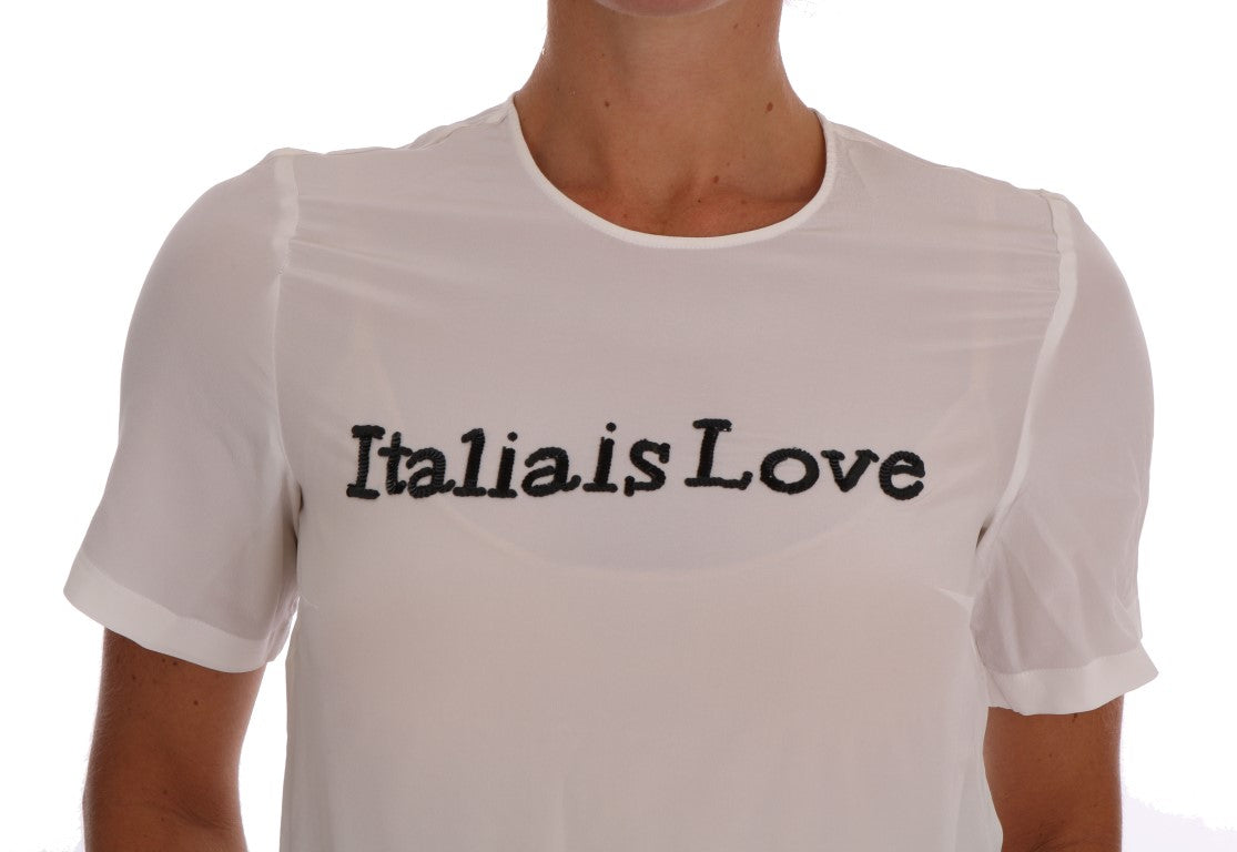 Копринена бяла блуза Dolce & Gabbana с пайети „Italia Is Love“.
