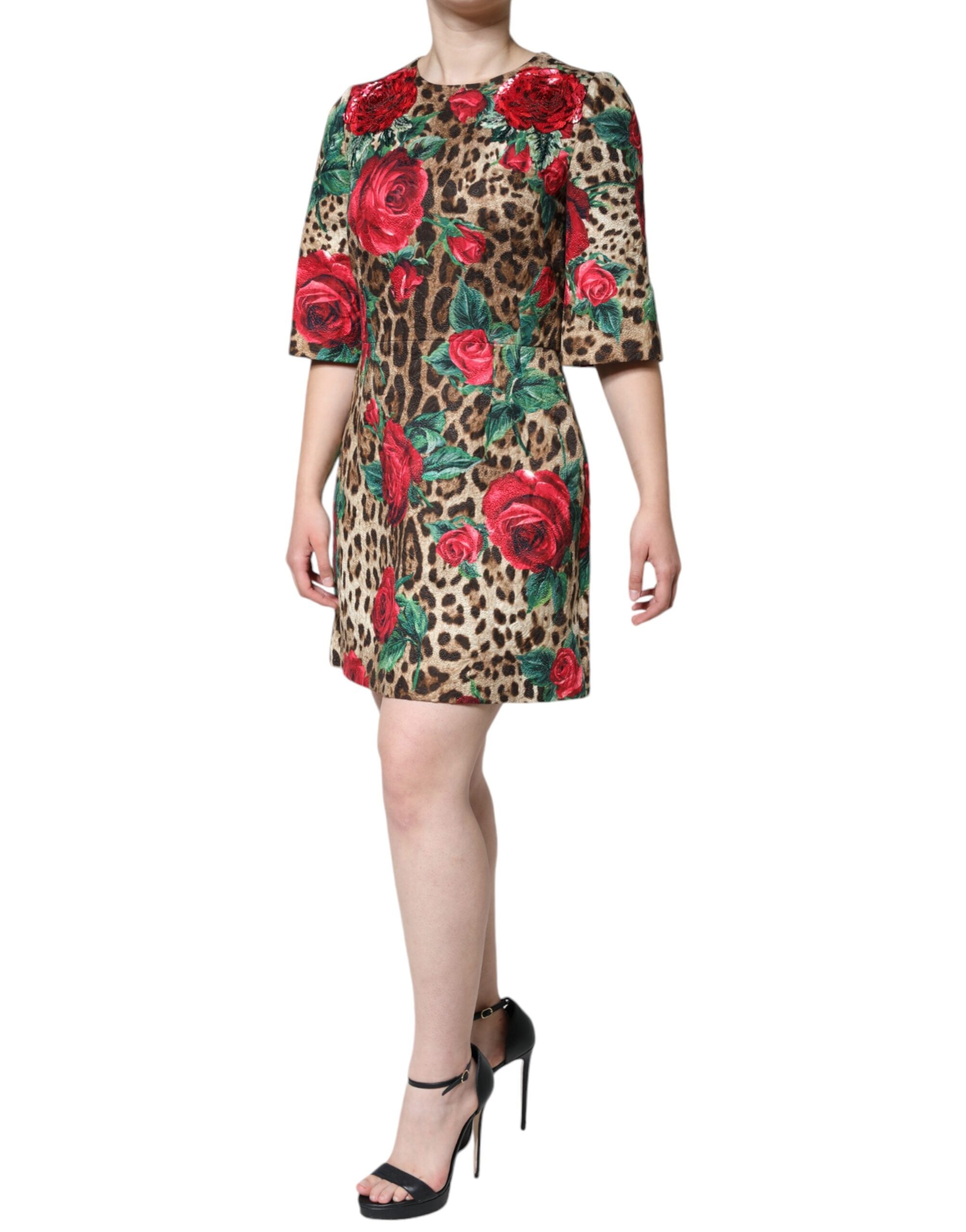 Dolce & Gabbana, кафява рокля с леопард и червени рози, памучна А-силует