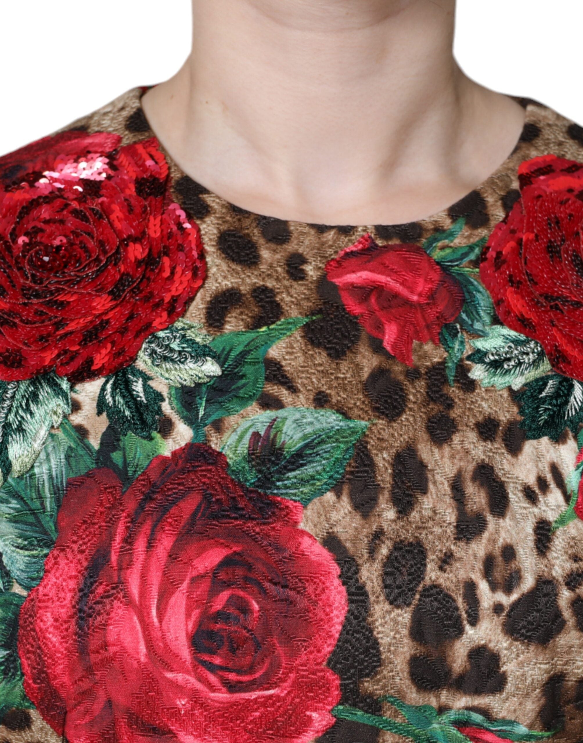 Dolce & Gabbana, кафява рокля с леопард и червени рози, памучна А-силует