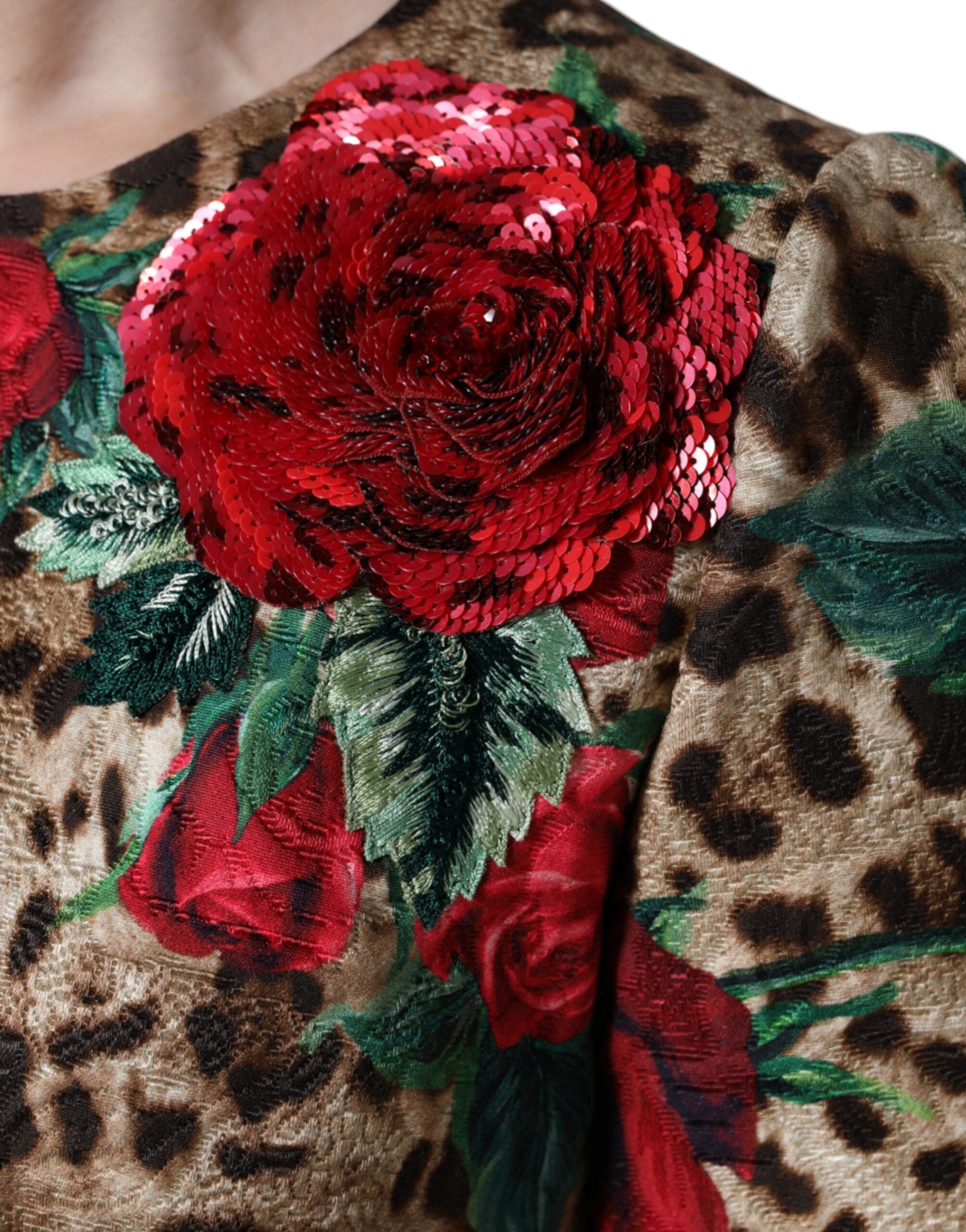 Dolce & Gabbana, кафява рокля с леопард и червени рози, памучна А-силует