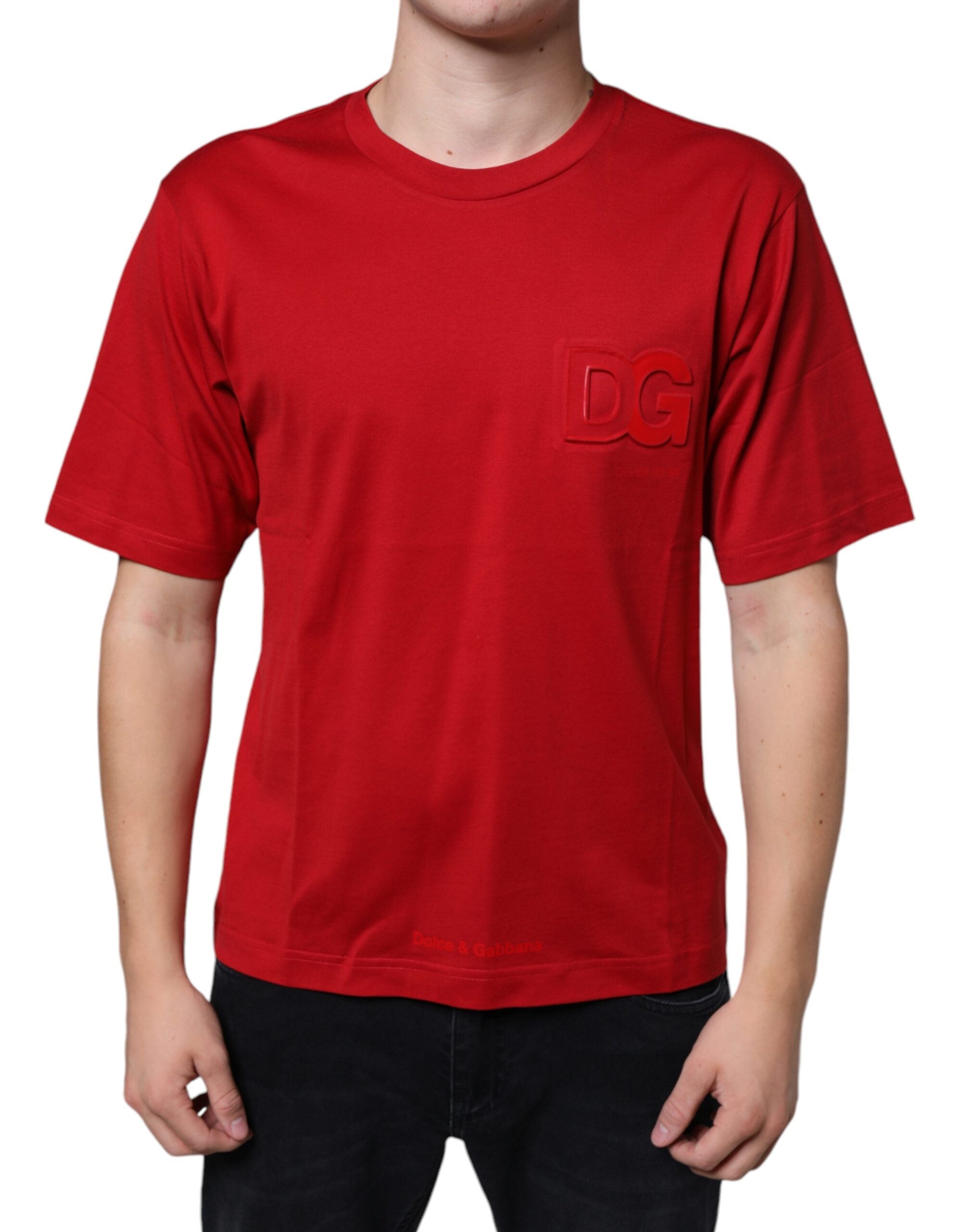 Dolce & Gabbana Red Cotton DG тениска с принт с кръгло деколте