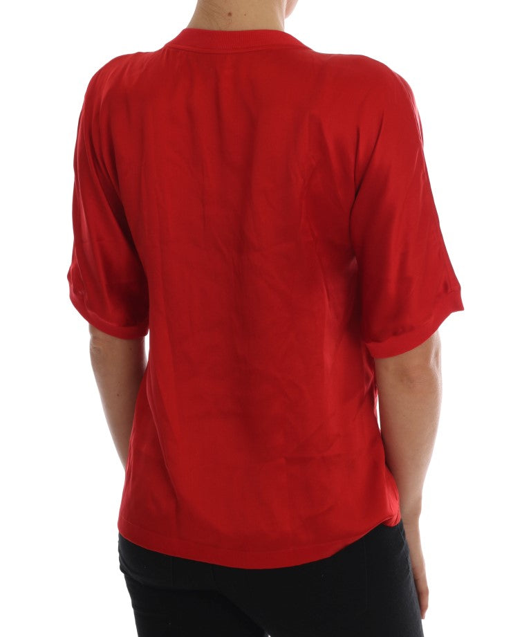 Dolce & Gabbana Елегантно горнище от червена коприна с бродирани цветя