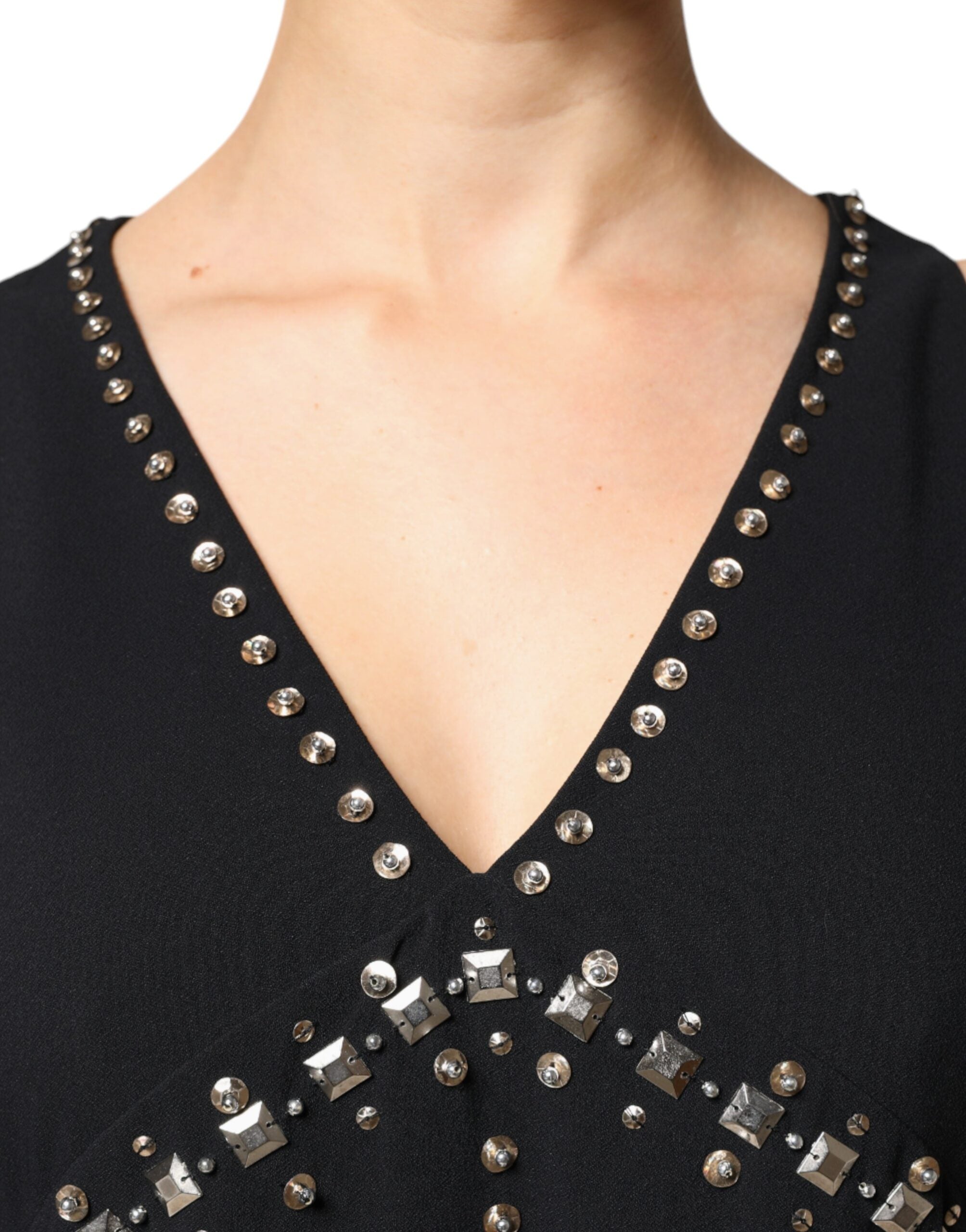 PINKO Черна, украсена полиестерна мини рокля без ръкави с А-силует