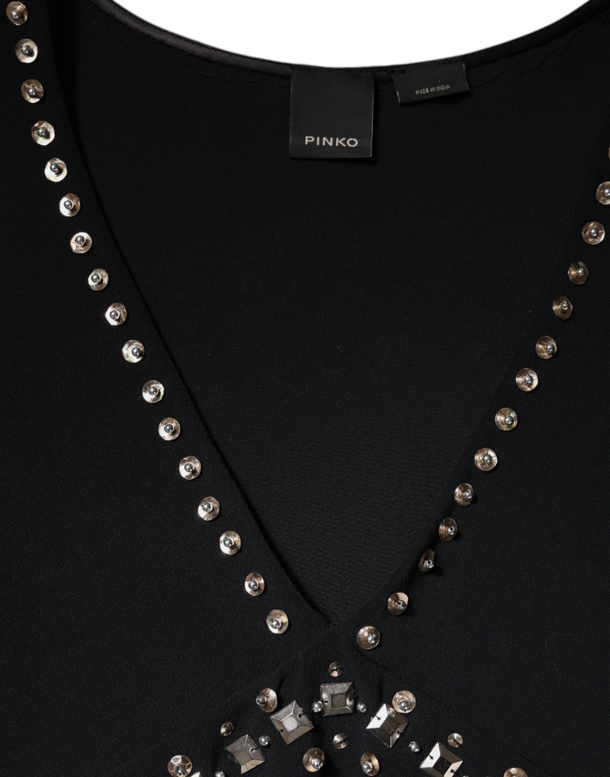PINKO Черна, украсена полиестерна мини рокля без ръкави с А-силует