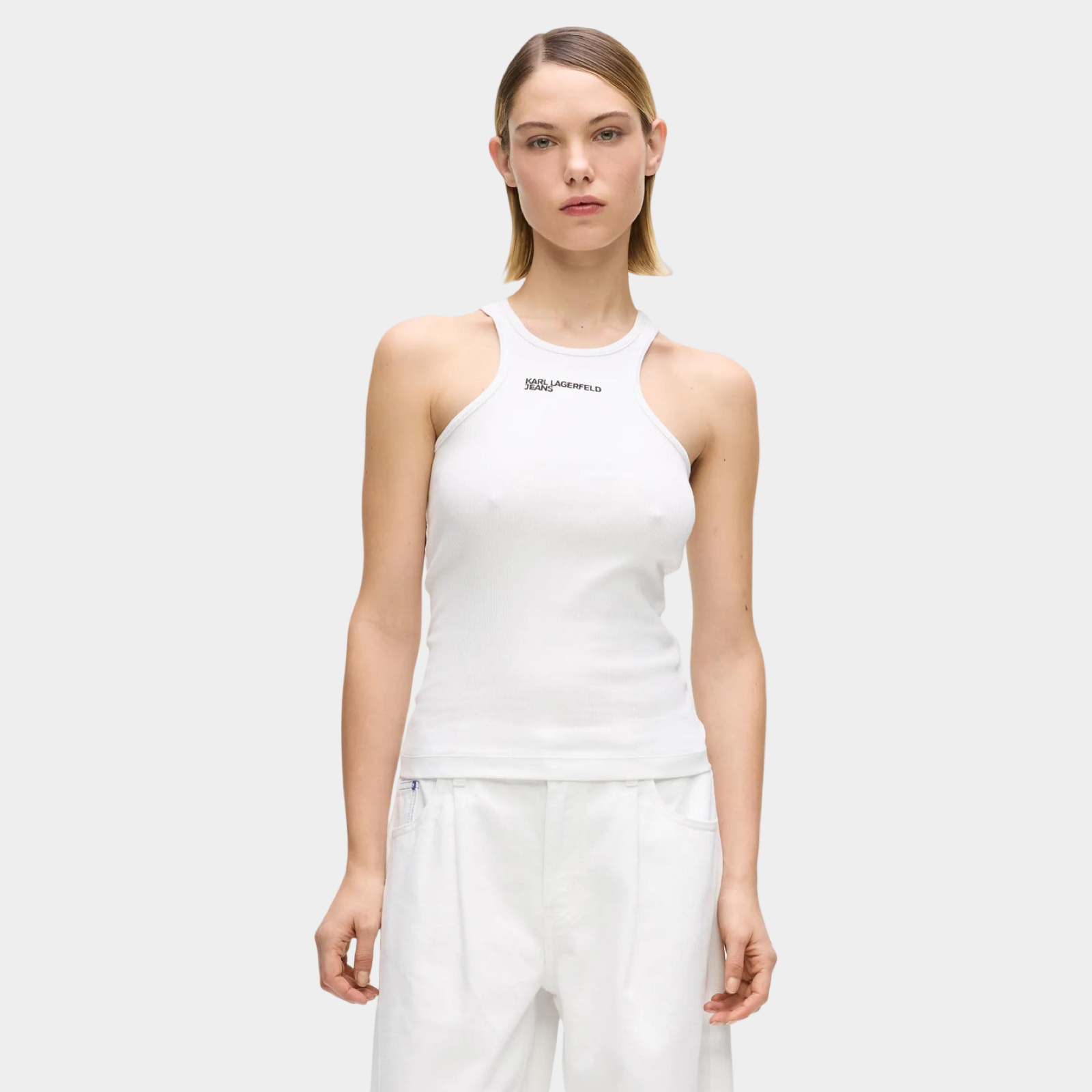 Дамски бял топ Karl Lagerfeld Jeans Ribbed Tank Top B2W17085 100 Front View