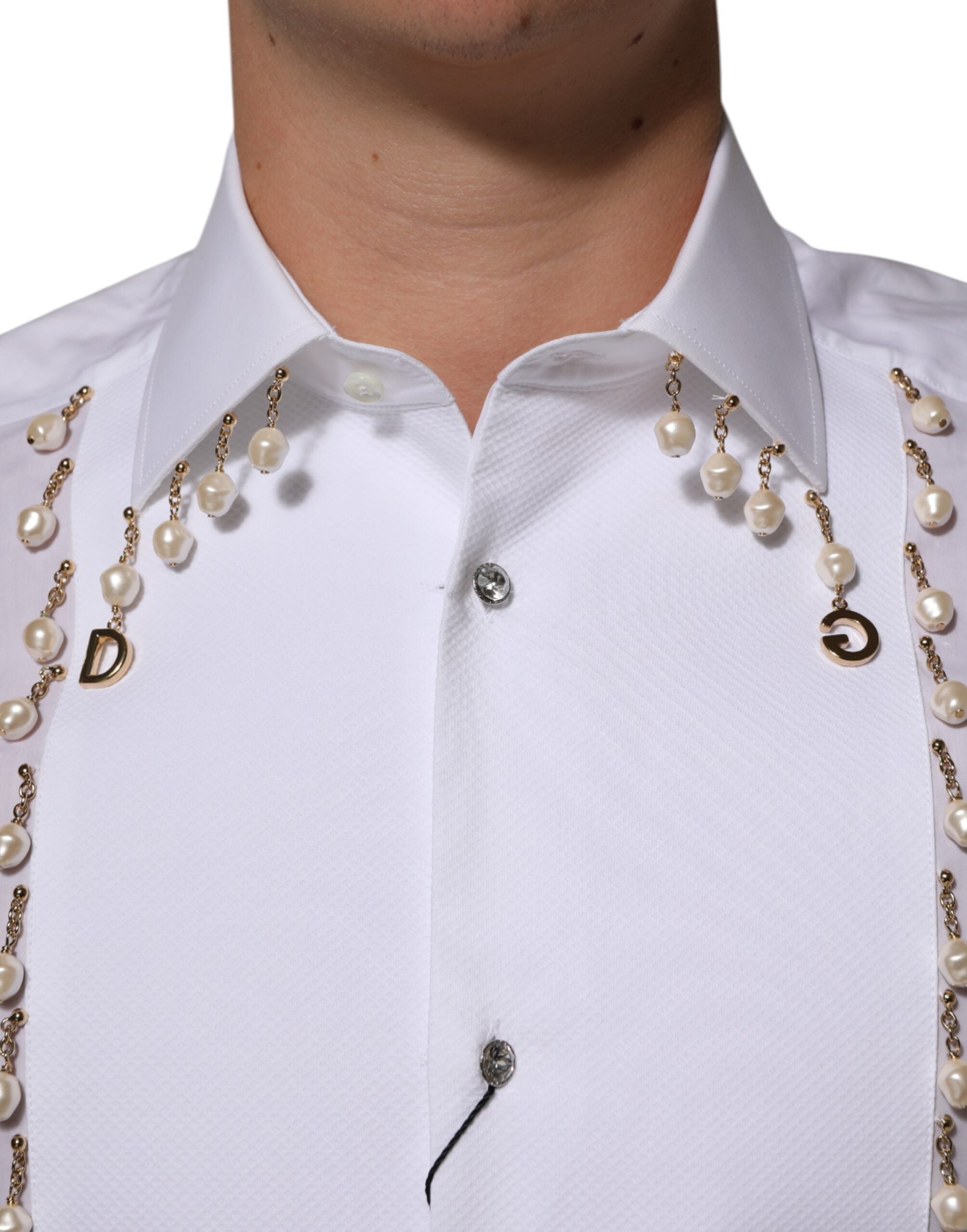 Мъжка риза Men’s white luxury shirt DOLCE & GABBANA Gold line with pearls close-up view