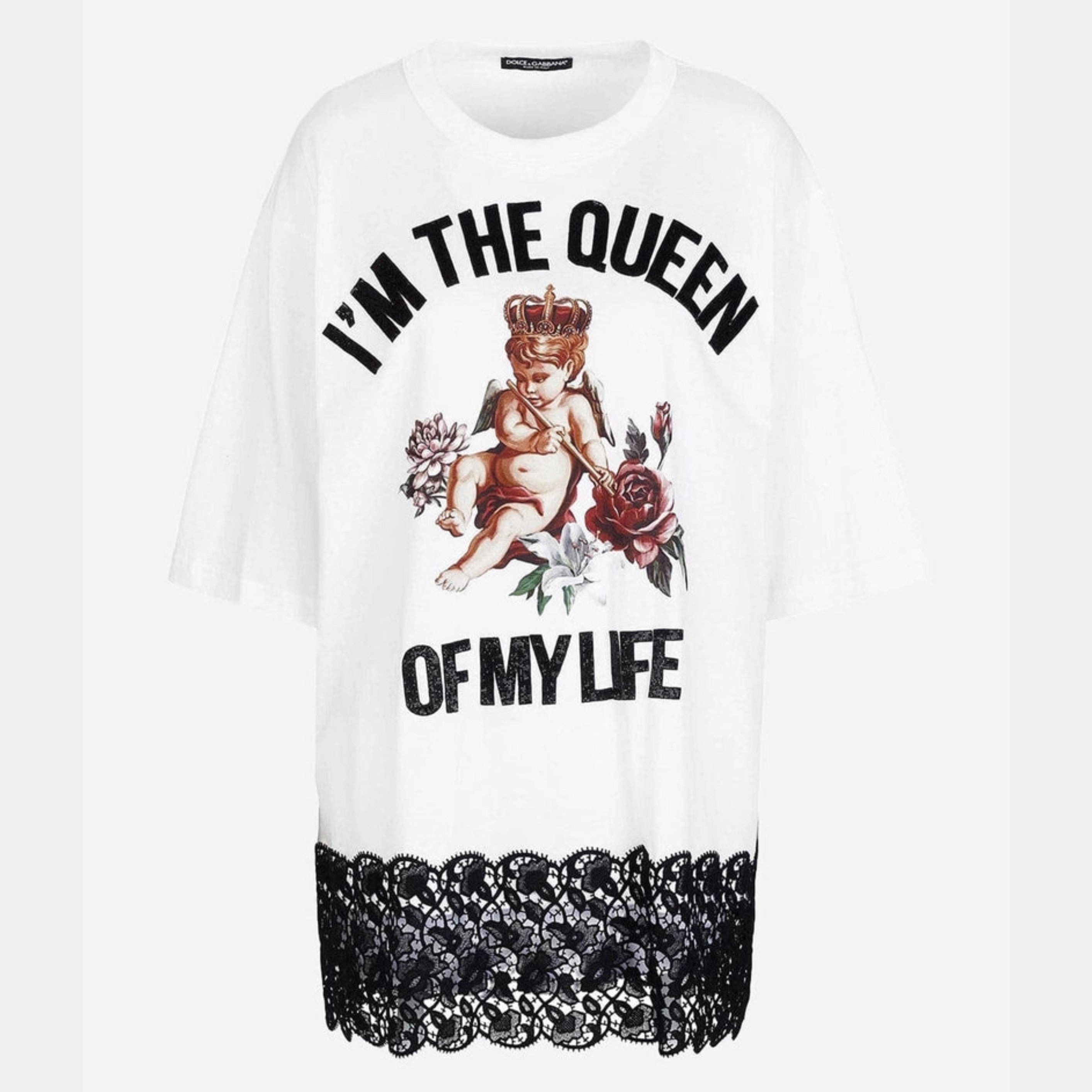 Дамска луксозна тениска с дантела в бяло DOLCE & GABBANA Women’s Luxury White Cotton Blend T-shirt “I’m The Queen of My Life”