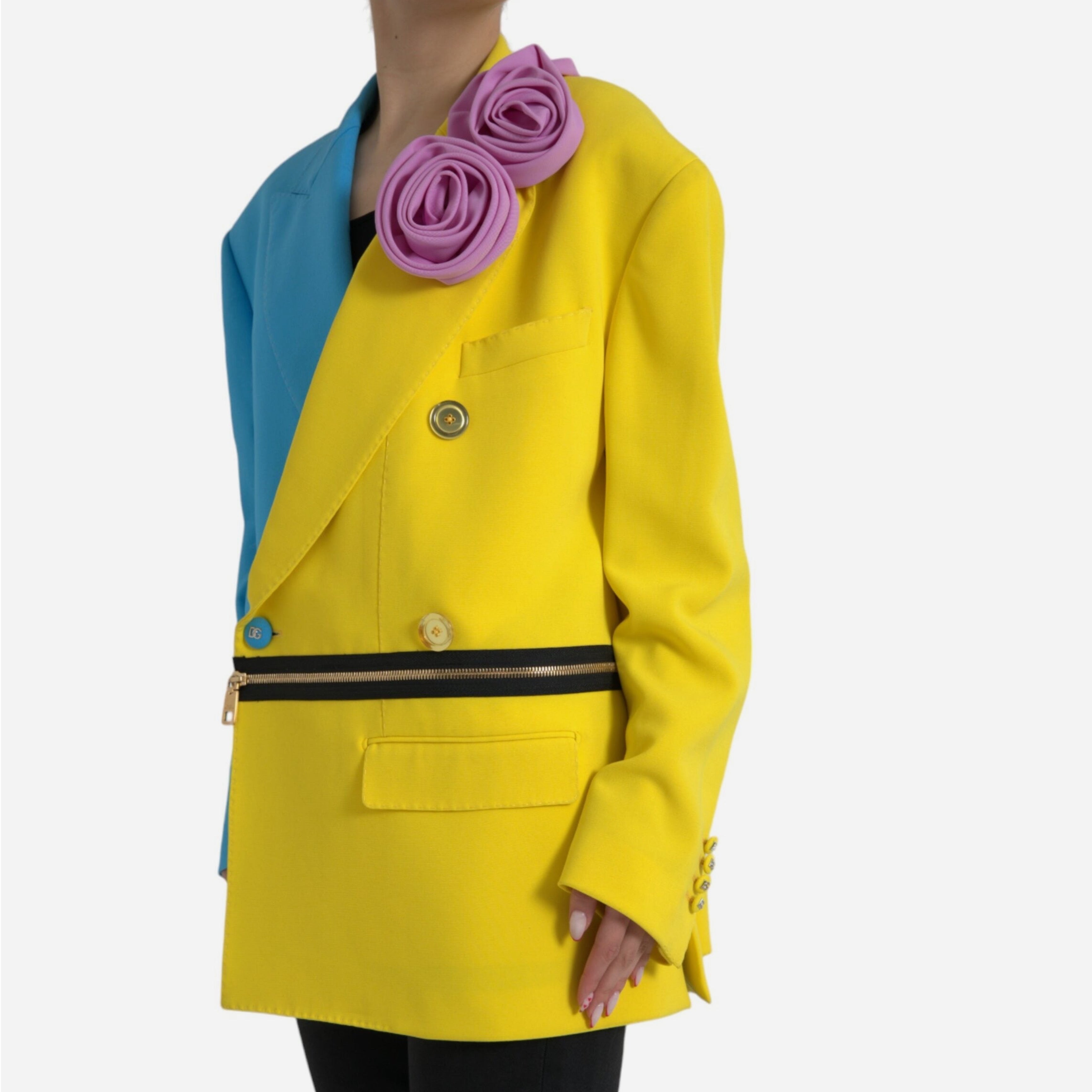 Дамско луксозно сако в синьо и жълто DOLCE & GABBANA Women’s Luxury Light Blue/Yellow Blazer with Pink Roses