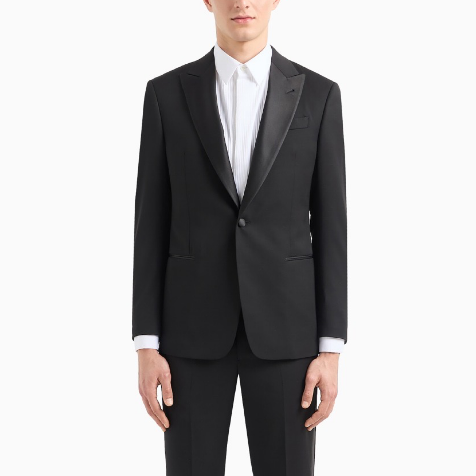 Giorgio Armani Black Tuxedo Fleece Wool Suit Front View