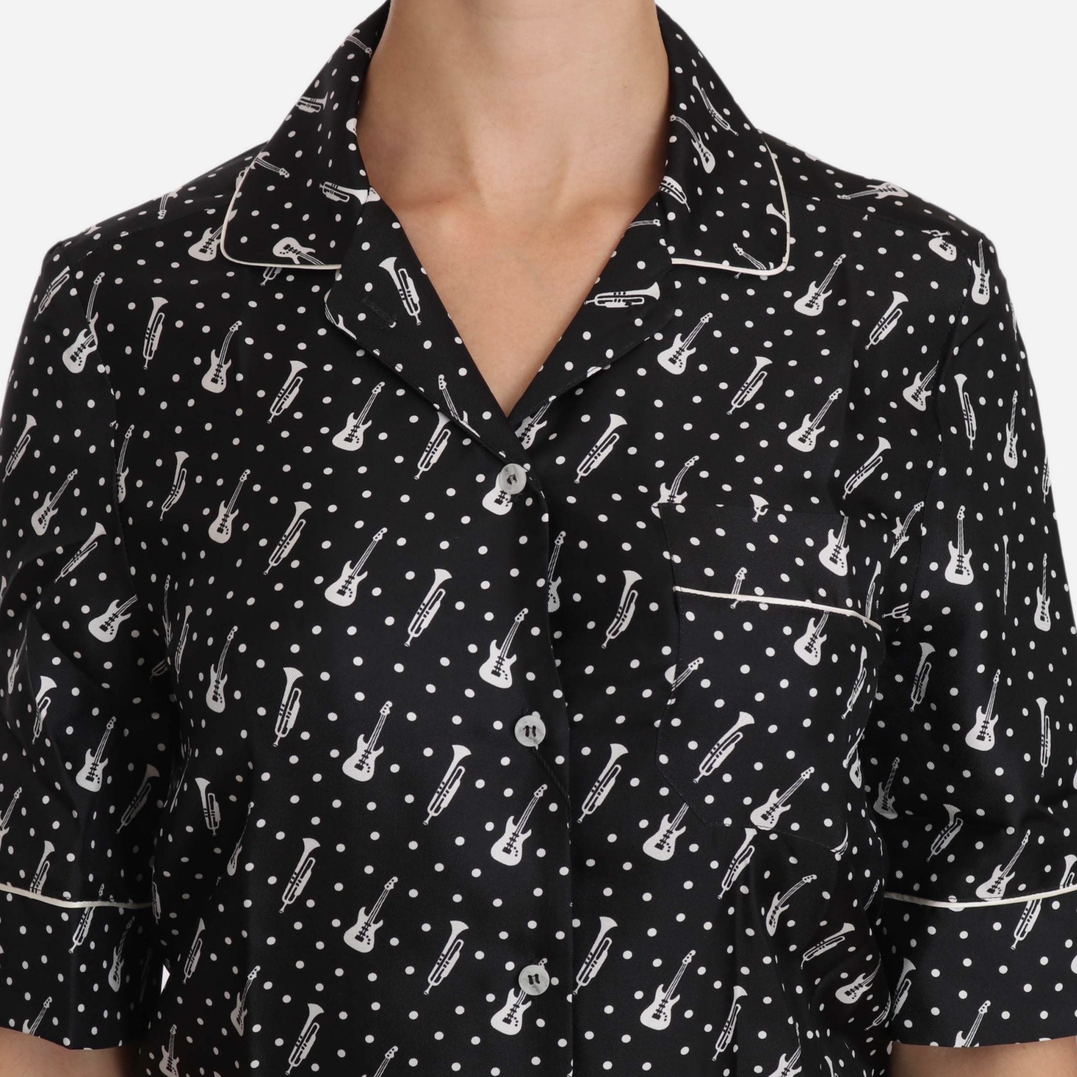 Дамска луксозна копринена риза с къс ръкав DOLCE & GABBANA Women’s Short Sleeved Silk Guitar Trumpet Print Shirt