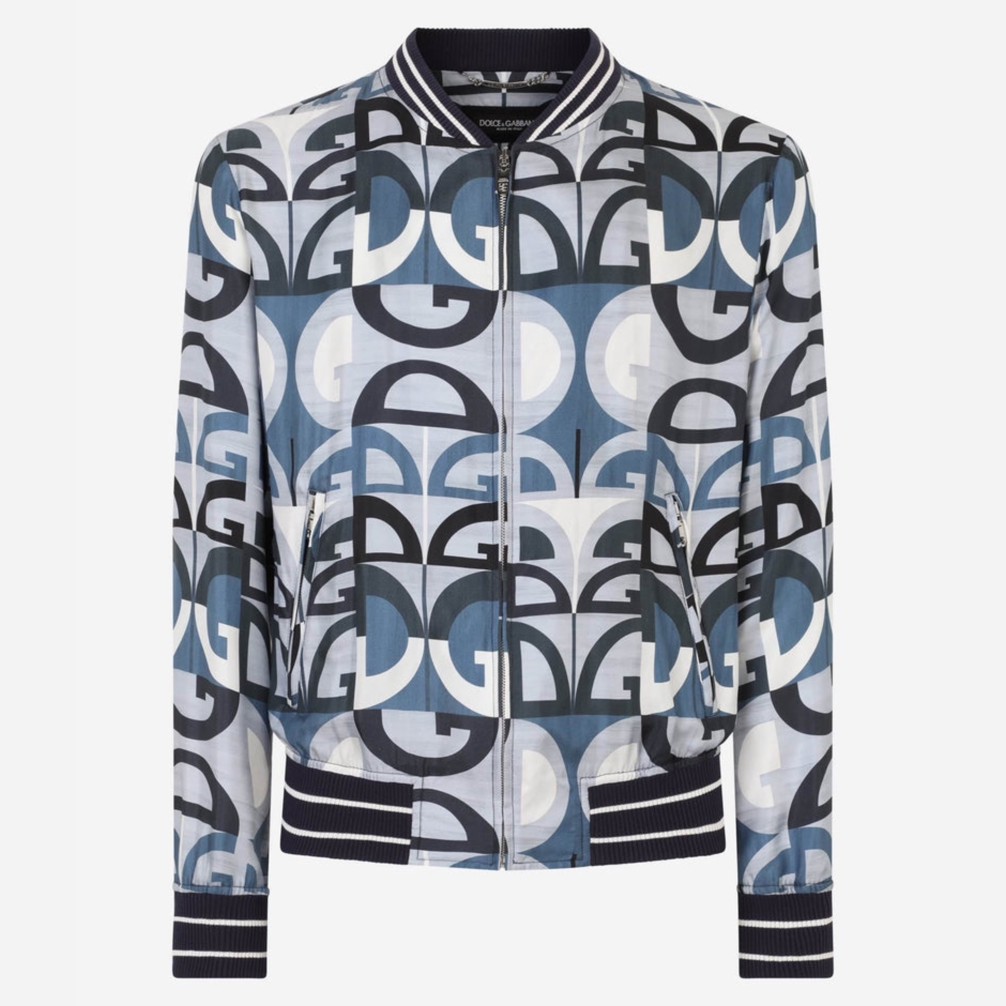 Мъжко пролетно копринено яке в светло синьо, бяло, сиво и черно DOLCE & GABBANA Men’s Luxury Silk Bomber Jacket