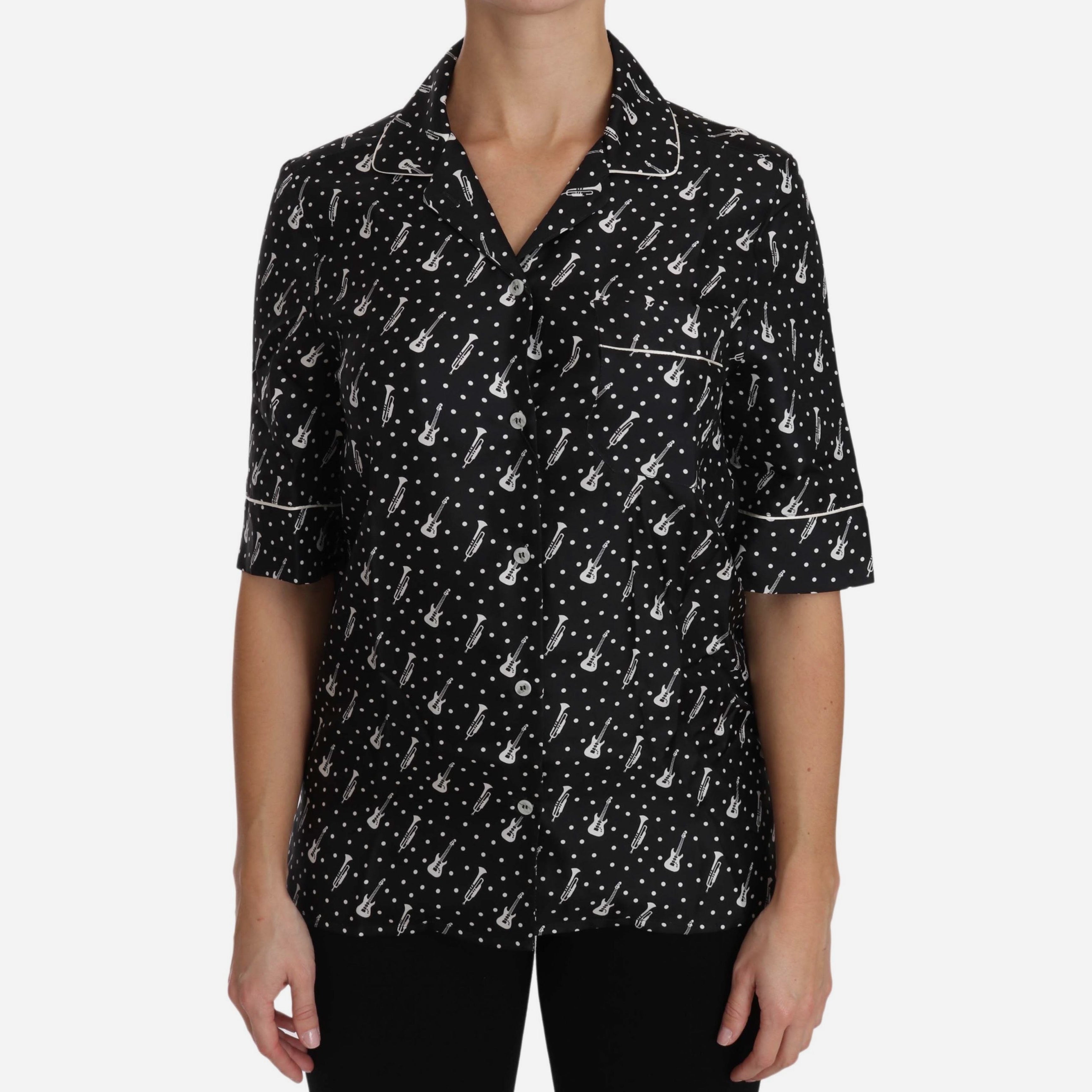 Дамска луксозна копринена риза с къс ръкав DOLCE & GABBANA Women’s Short Sleeved Silk Guitar Trumpet Print Shirt