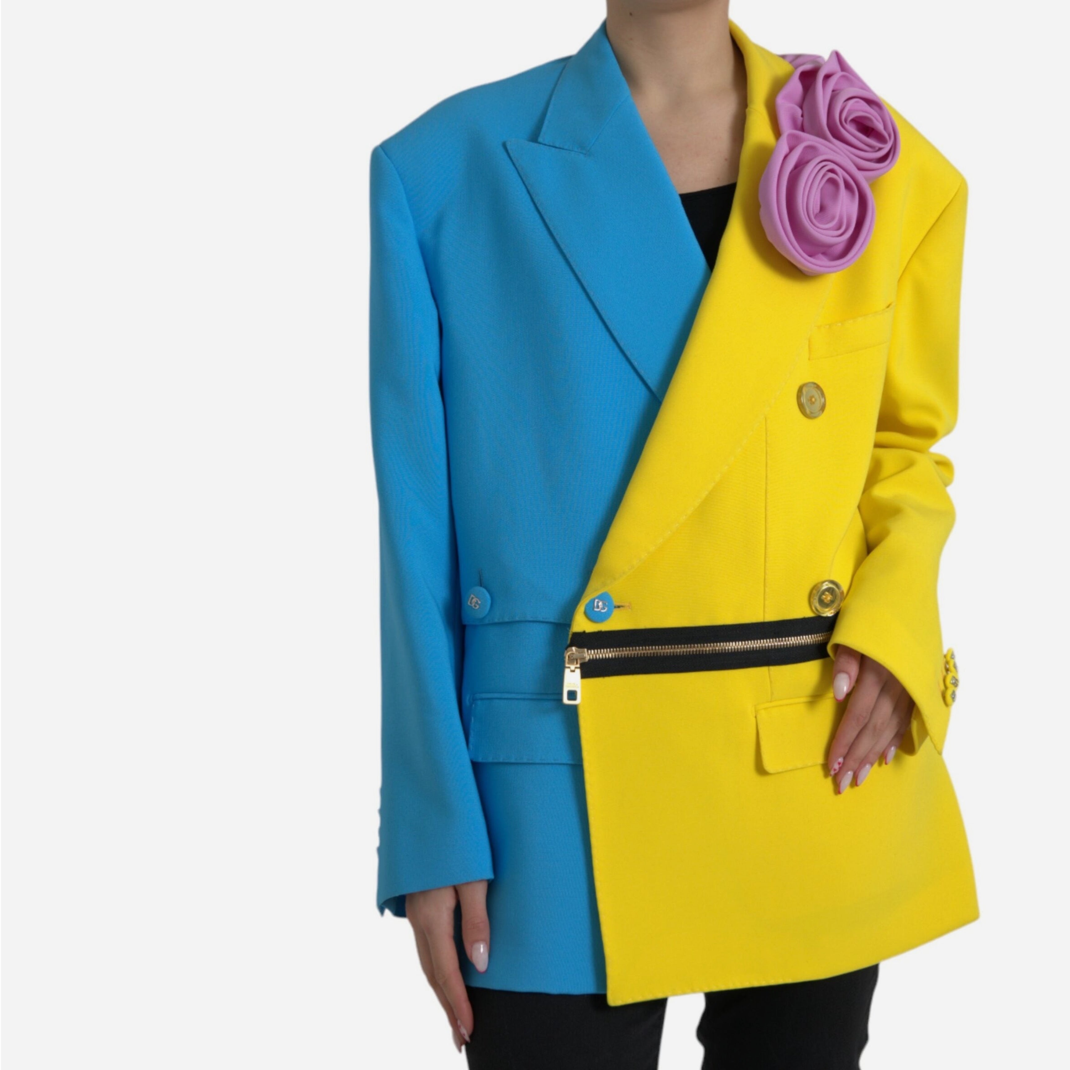 Дамско луксозно сако в синьо и жълто DOLCE & GABBANA Women’s Luxury Light Blue/Yellow Blazer with Pink Roses
