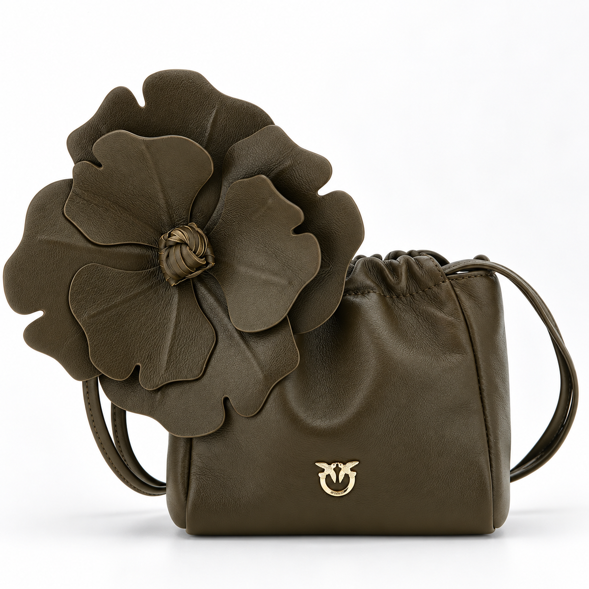 PINKO suede shoulder bucket bag with nappa leather flower 107678A0F2-V65Y Military Green