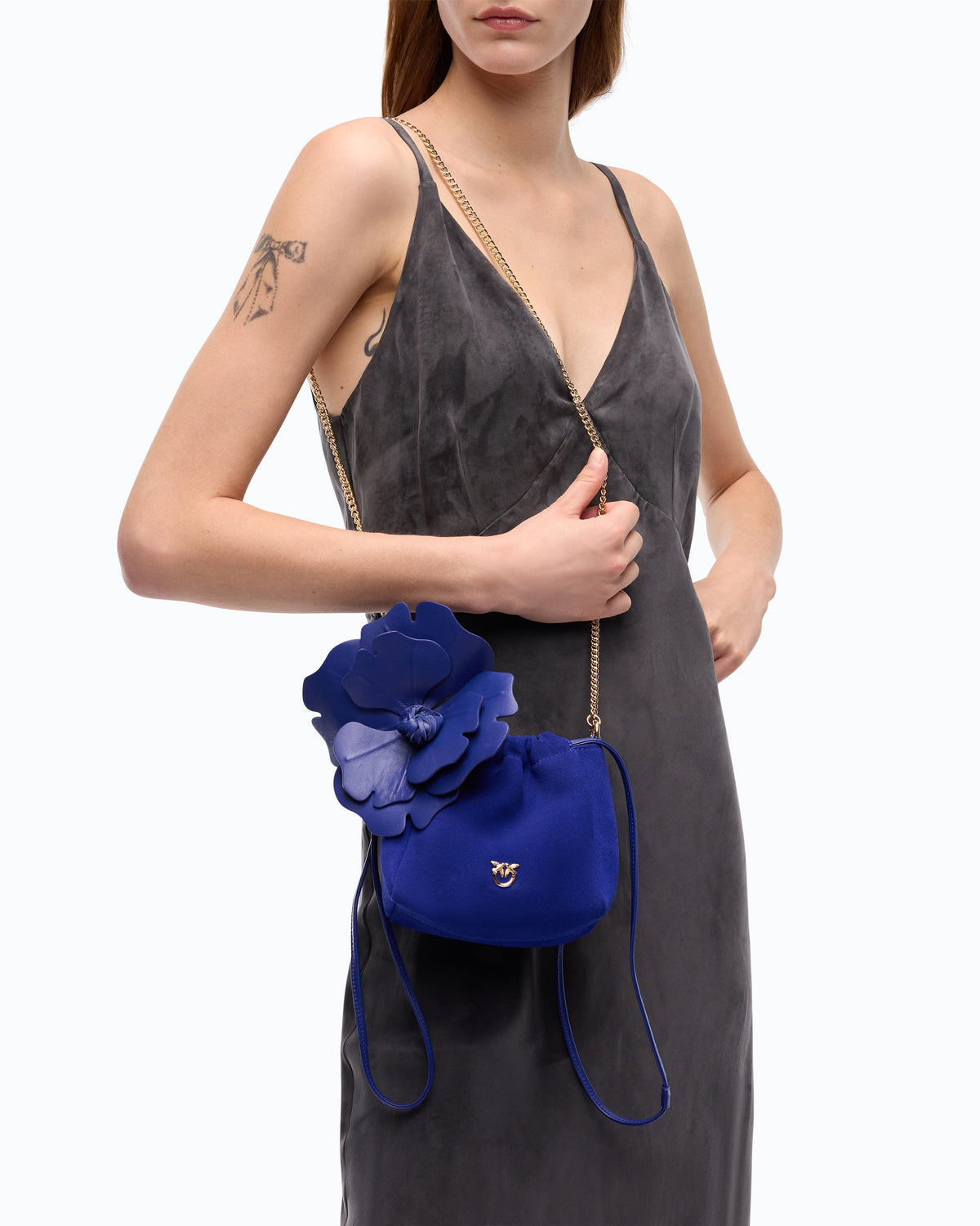 PINKO suede shoulder bucket bag with nappa leather flower 107678A3M6-F04Y Blue lifestyle view