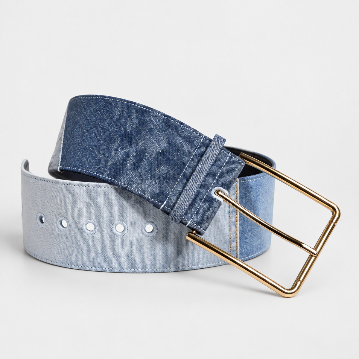 Dolce & Gabbana Two Tone Blue Denim Gold Metal Buckle Belt - studio view 1