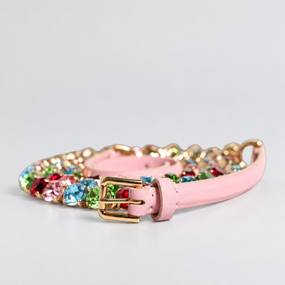 Dolce & Gabbana Pink Leather Crystal Chain Embellished Belt - BE0969 A1397 - studio view 1