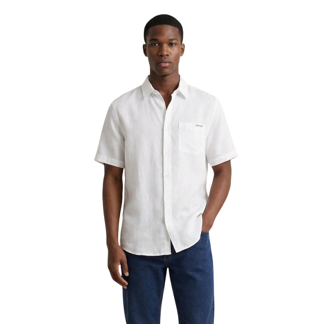 Мъжка бяла ленена риза Calvin Klein Men Linen Shirt LV04RF120G YAA Front View
