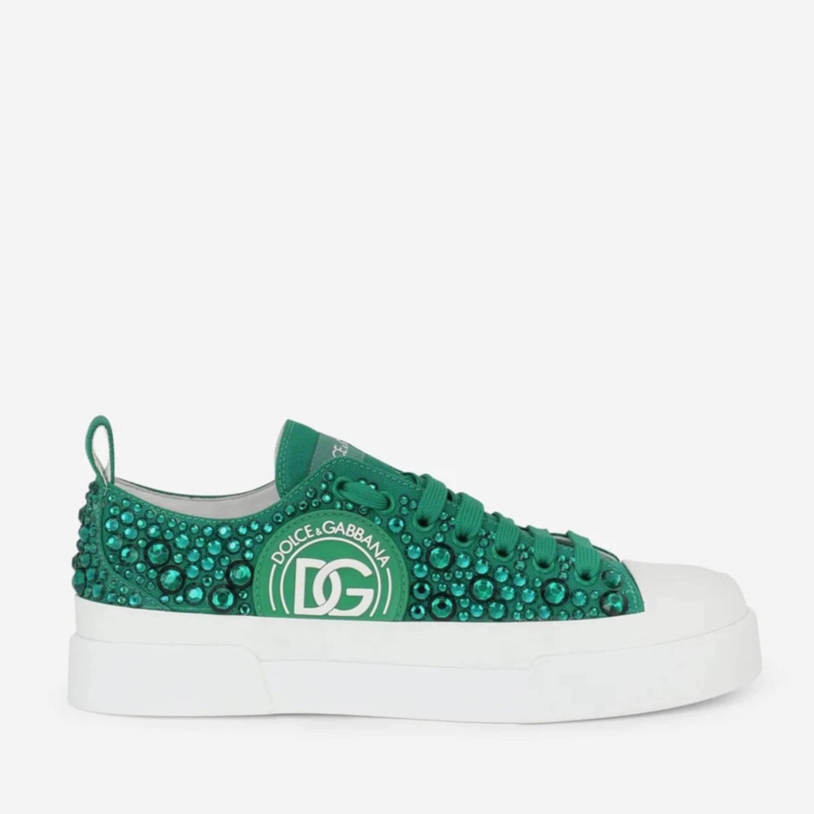 Дамски платнени кецове с кристали Women’s sneakers Dolce & Gabbana Portofino Green Crystal DG logo lateral view