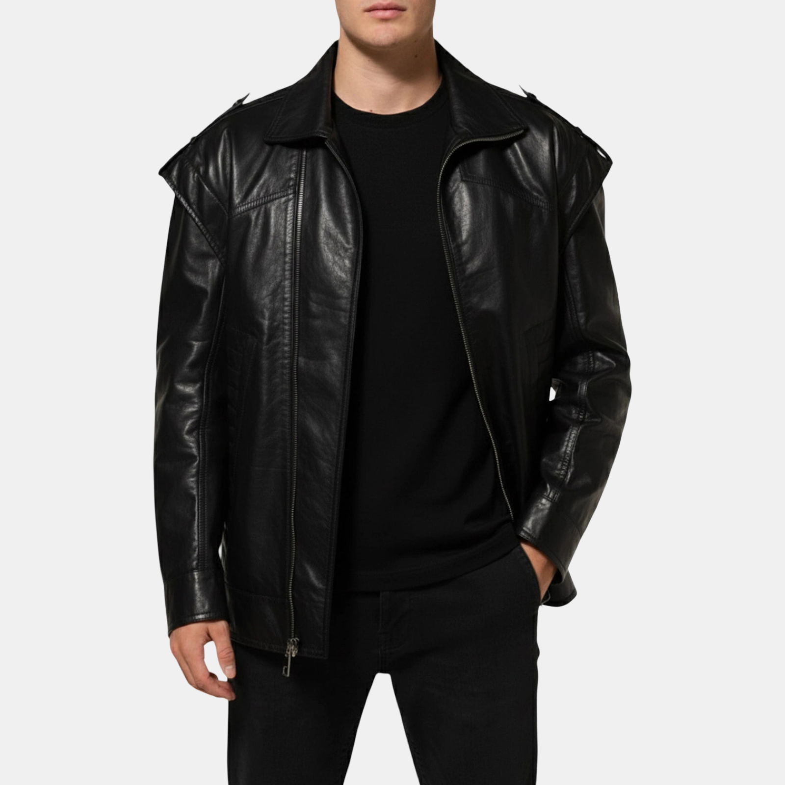 Dolce & Gabbana Leather Biker Men Jacket Front View