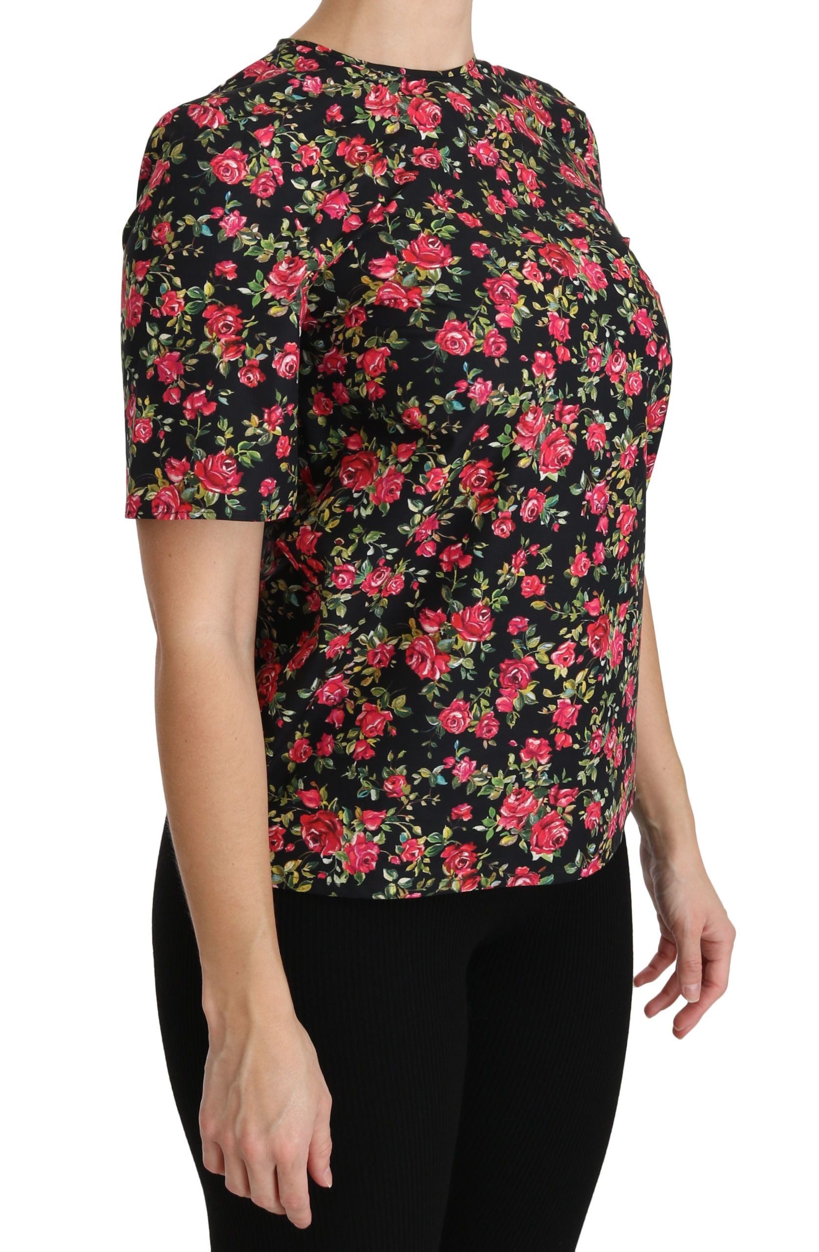 Dolce &amp; Gabbana Елегантно черно горнище с кръгло деколте с цветя