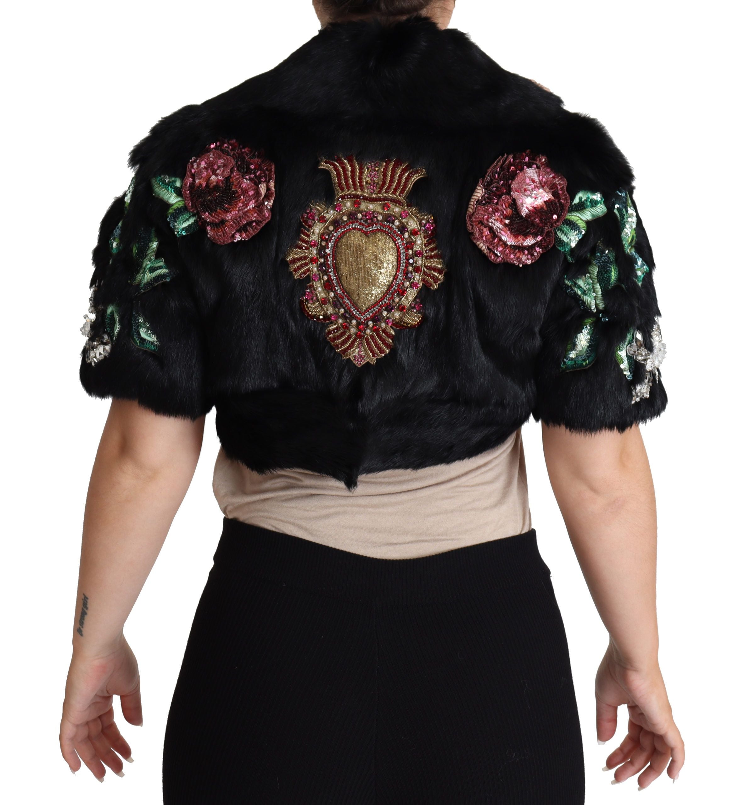 Dolce &amp; Gabbana Елегантно черно кристално яке от заешка кожа