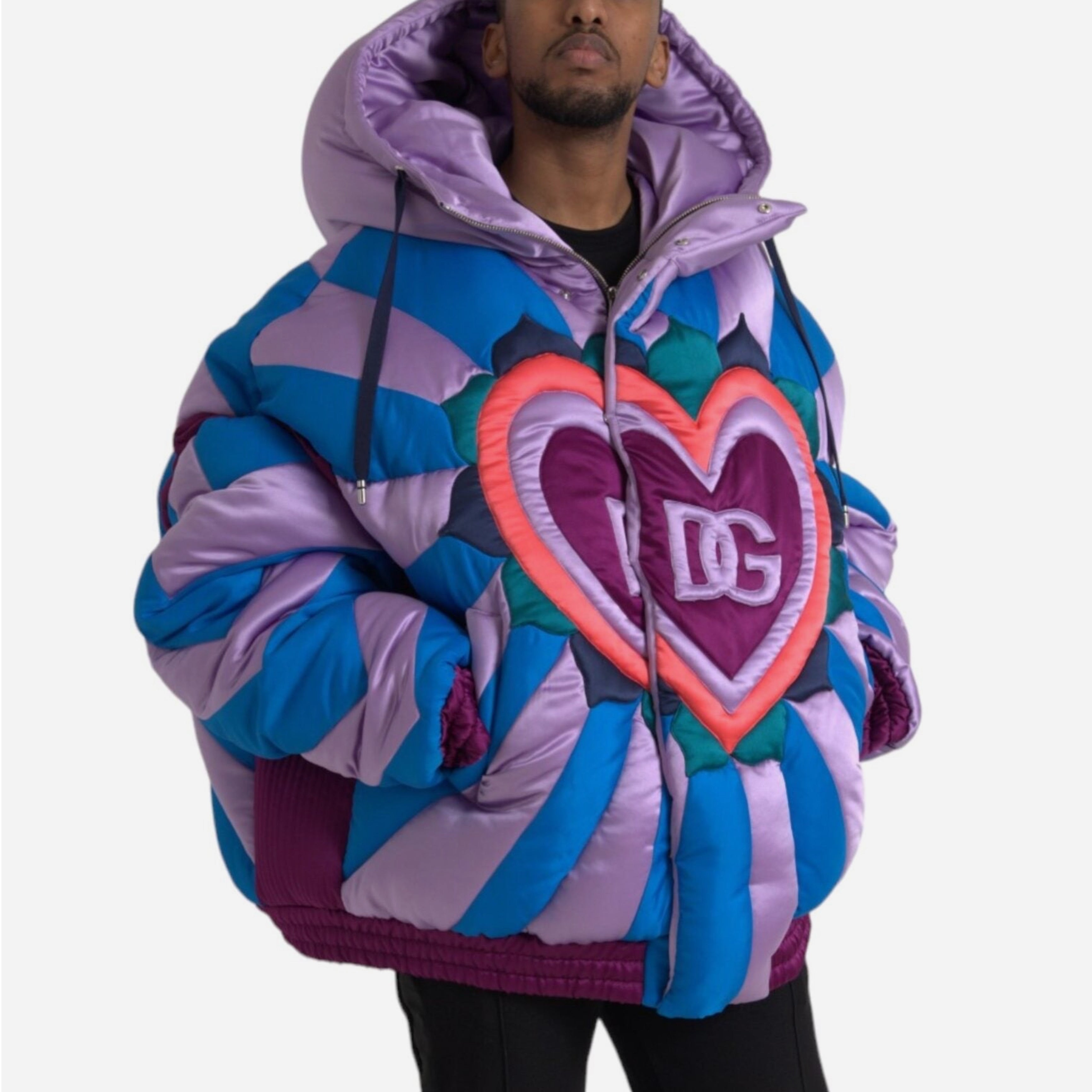 Мъжко луксозно пухено яке DOLCE & GABBANA Men’s Oversized Multicolor Heart DG Logo Puffer Jacket