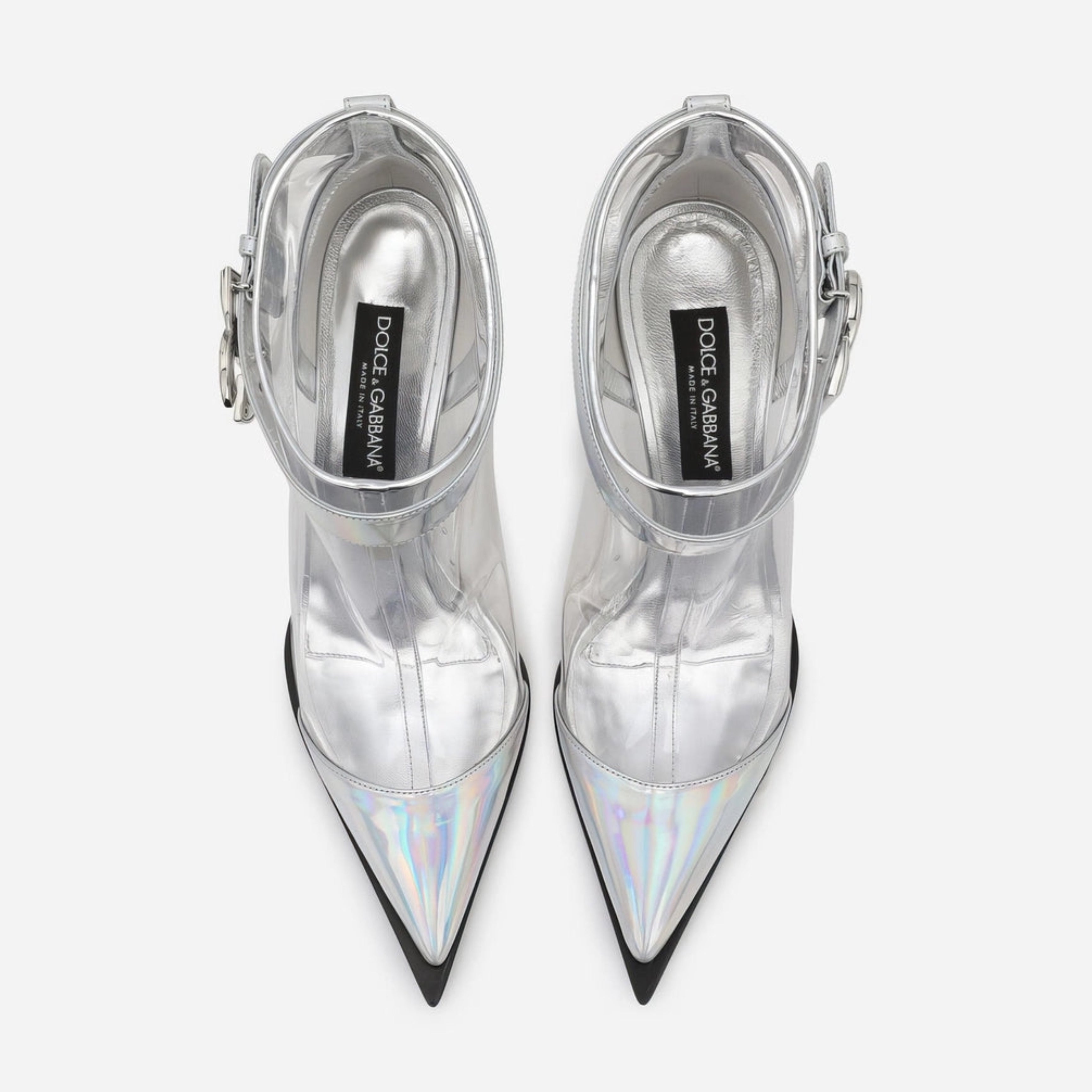Дамски луксозни прозрачни сребристи боти на висок ток DOLCE & GABBANA Women’s Silver Iridescent PVC Pointed Ankle Boots