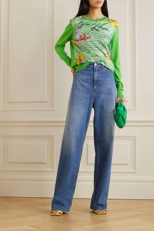 Дамски луксозен копринен пуловер DOLCE & GABBANA Women’s Green Silk Granita Al Limone Long Sleeves Sweater