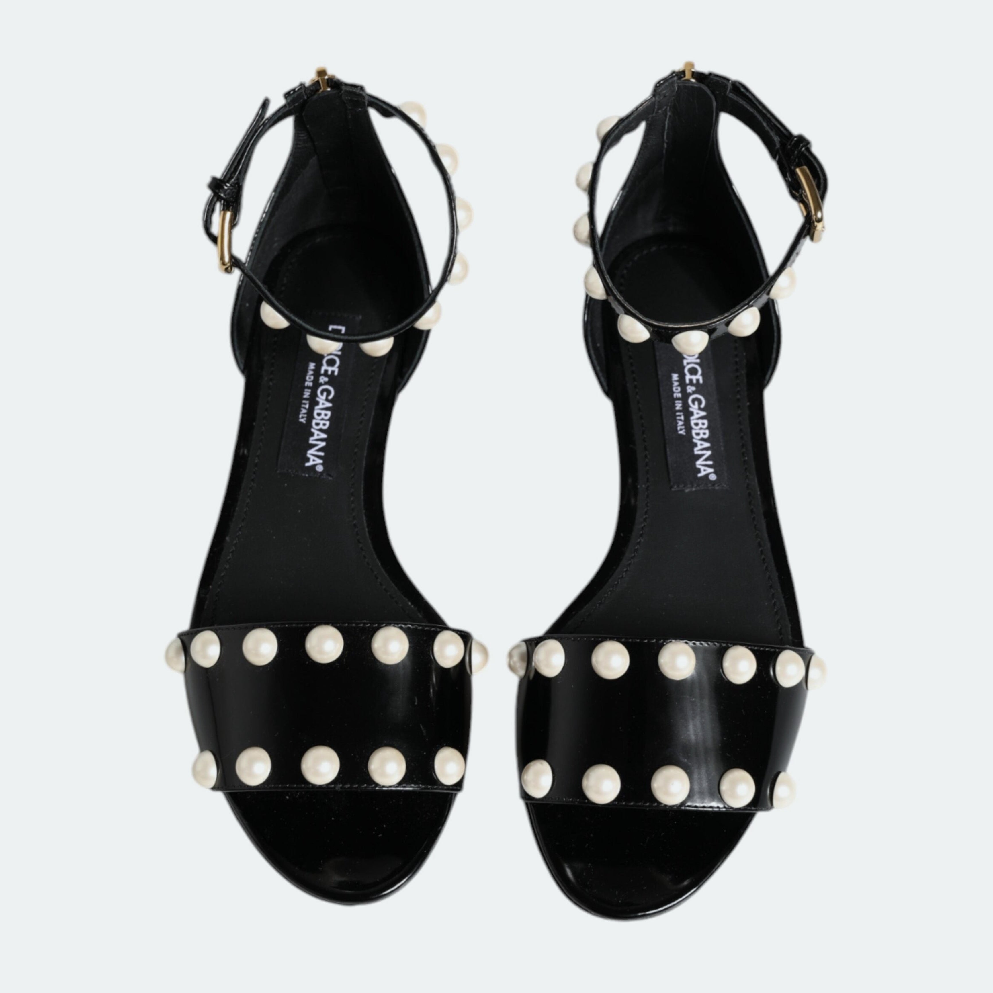 Дамски луксозни сандали от естествена кожа в черно с перли DOLCE & GABBANA Women’s Black Leather Pearls Ankle Strap Sandals