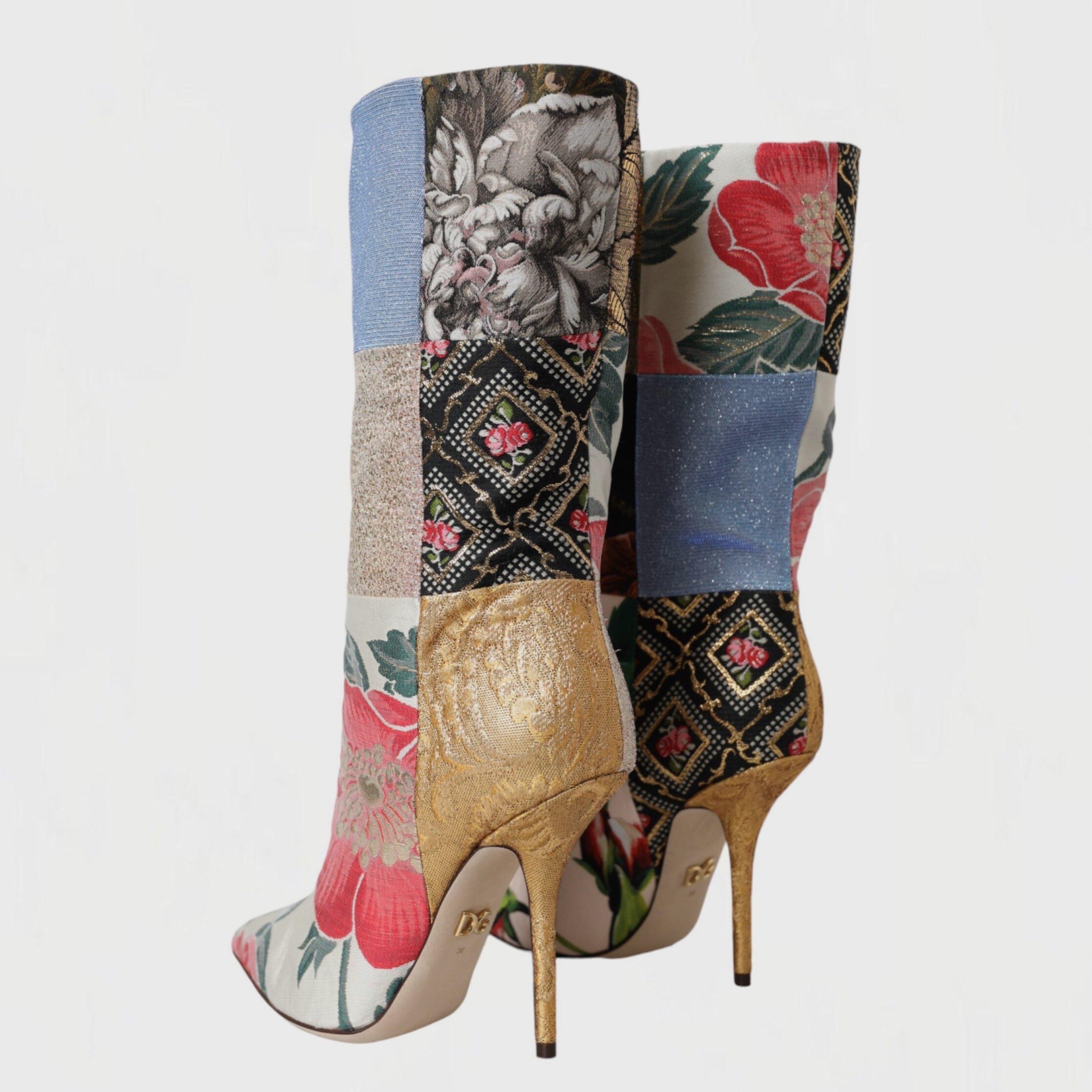 Дамски луксозни ботуши на висок ток с пачуърк DOLCE & GABBANA Women’s Multicolor Patchwork Print Heeled Boots
