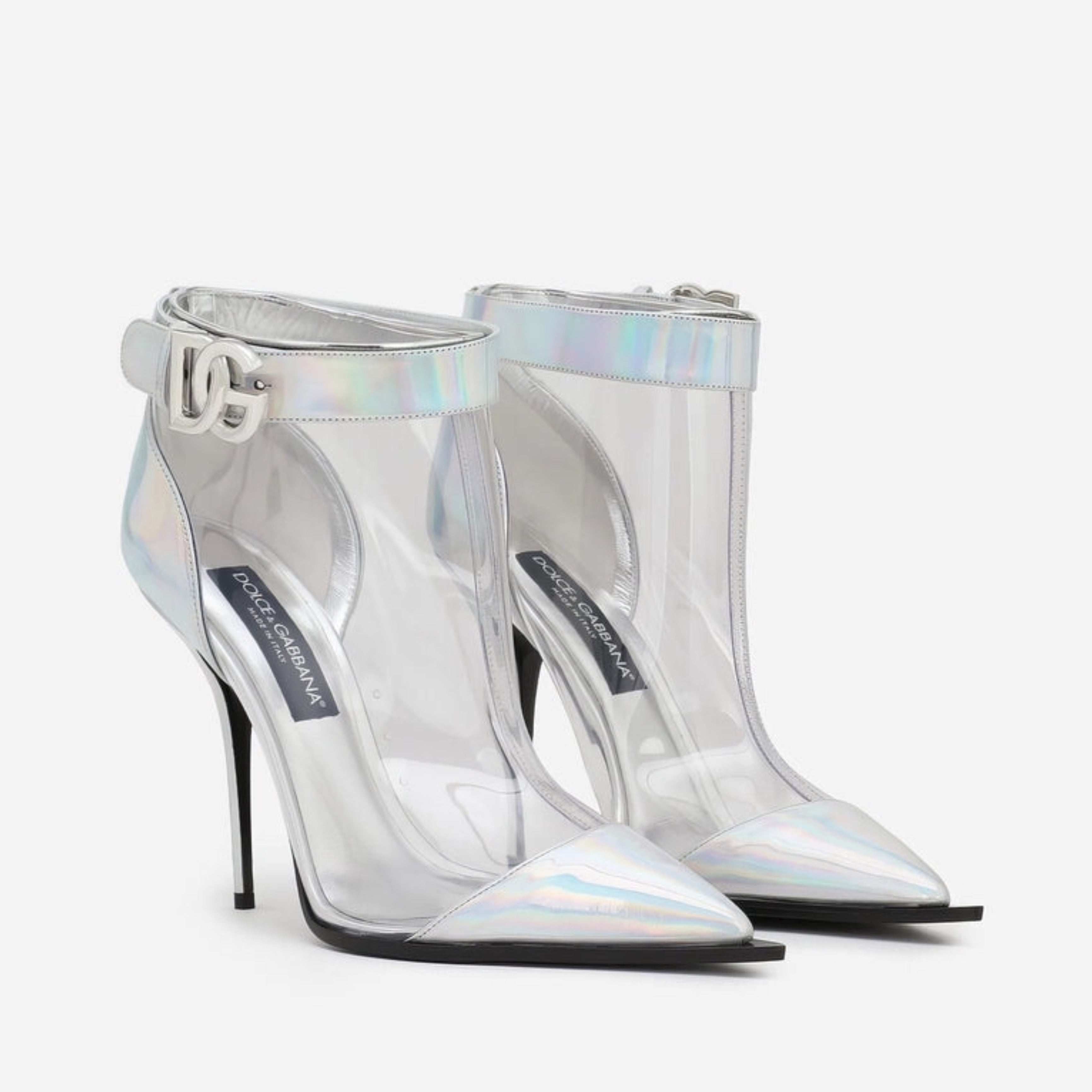 Дамски луксозни прозрачни сребристи боти на висок ток DOLCE & GABBANA Women’s Silver Iridescent PVC Pointed Ankle Boots