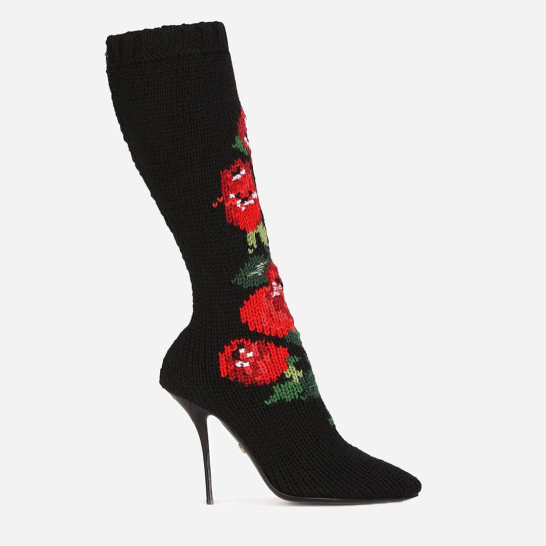 Dolce & Gabbana дамски вълнени ботуши на токчета с флорални мотиви