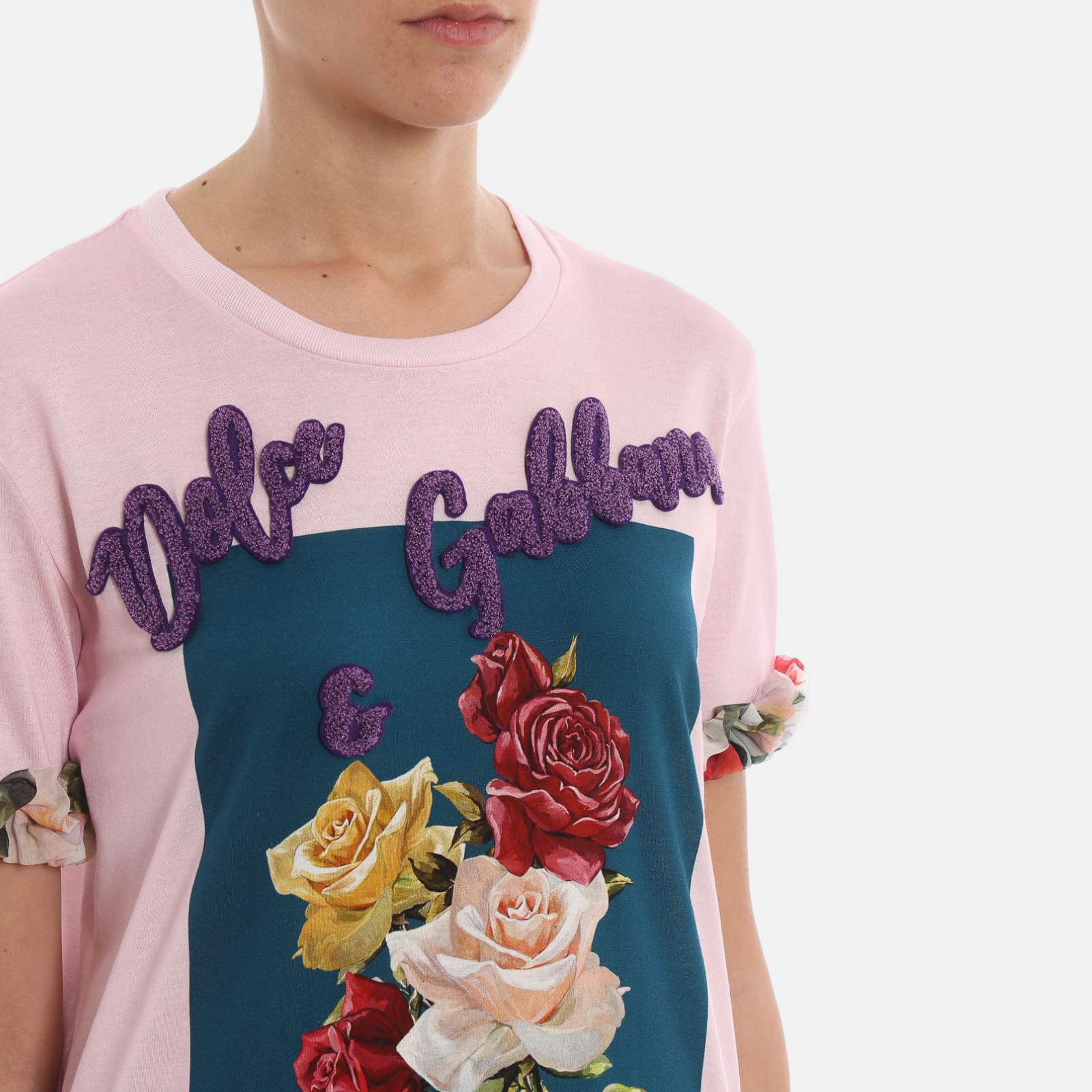 Дамска розова тениска с рози Dolce & Gabbana Floral Rose Applique Women T-Shirt