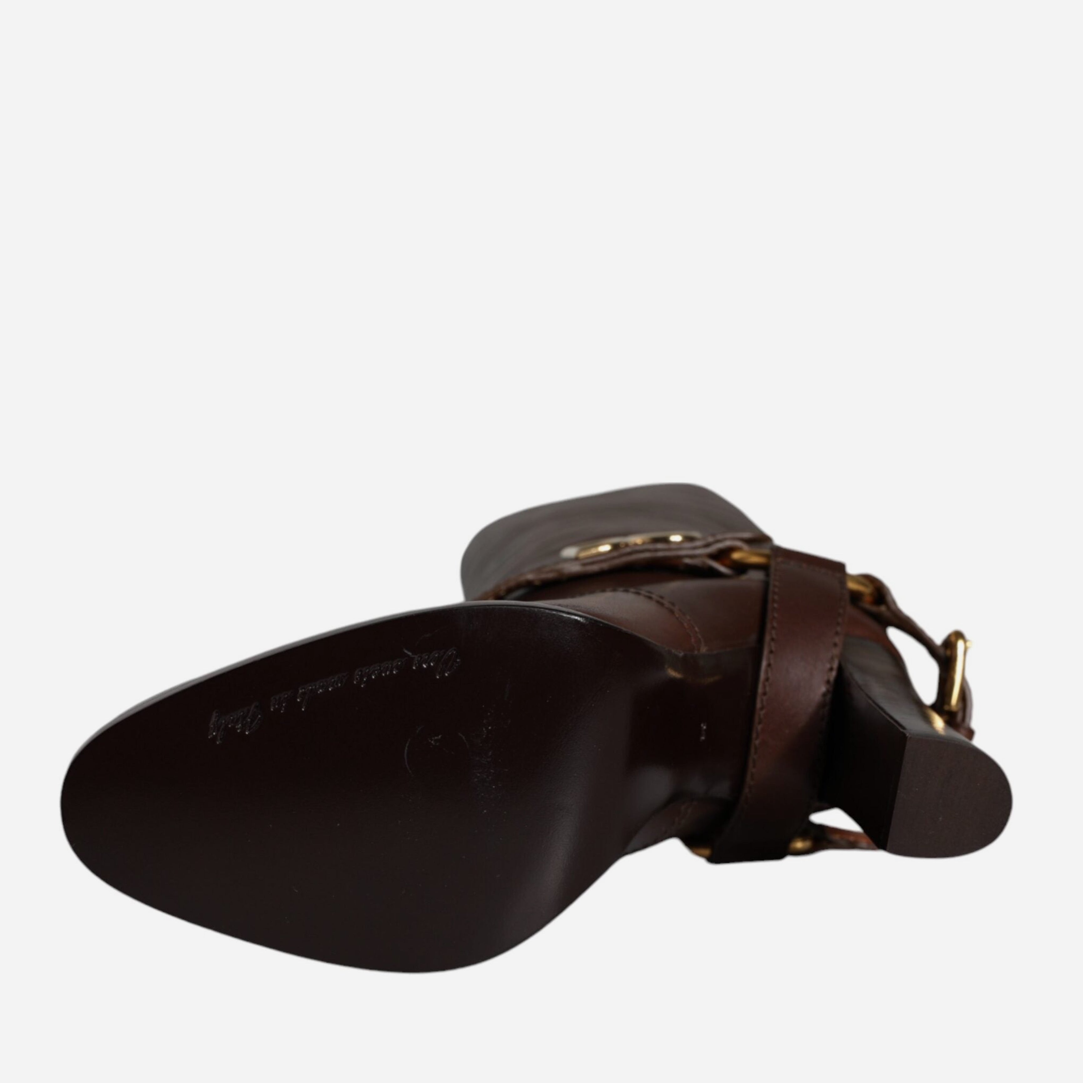 Дамски луксозни високи ботуши чизми на ток Dolce & Gabbana Women’s Brown Leather Gold Tone Logo High Boots 