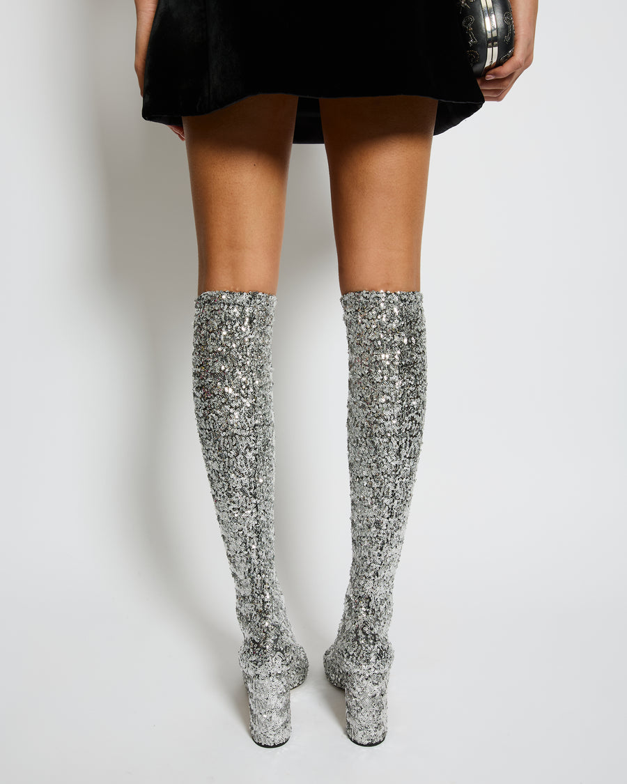 Дамски високи ботуши със сребристи пайети Women’s silver high boots DOLCE & GABBANA CU0424 AS937 8B418 back view