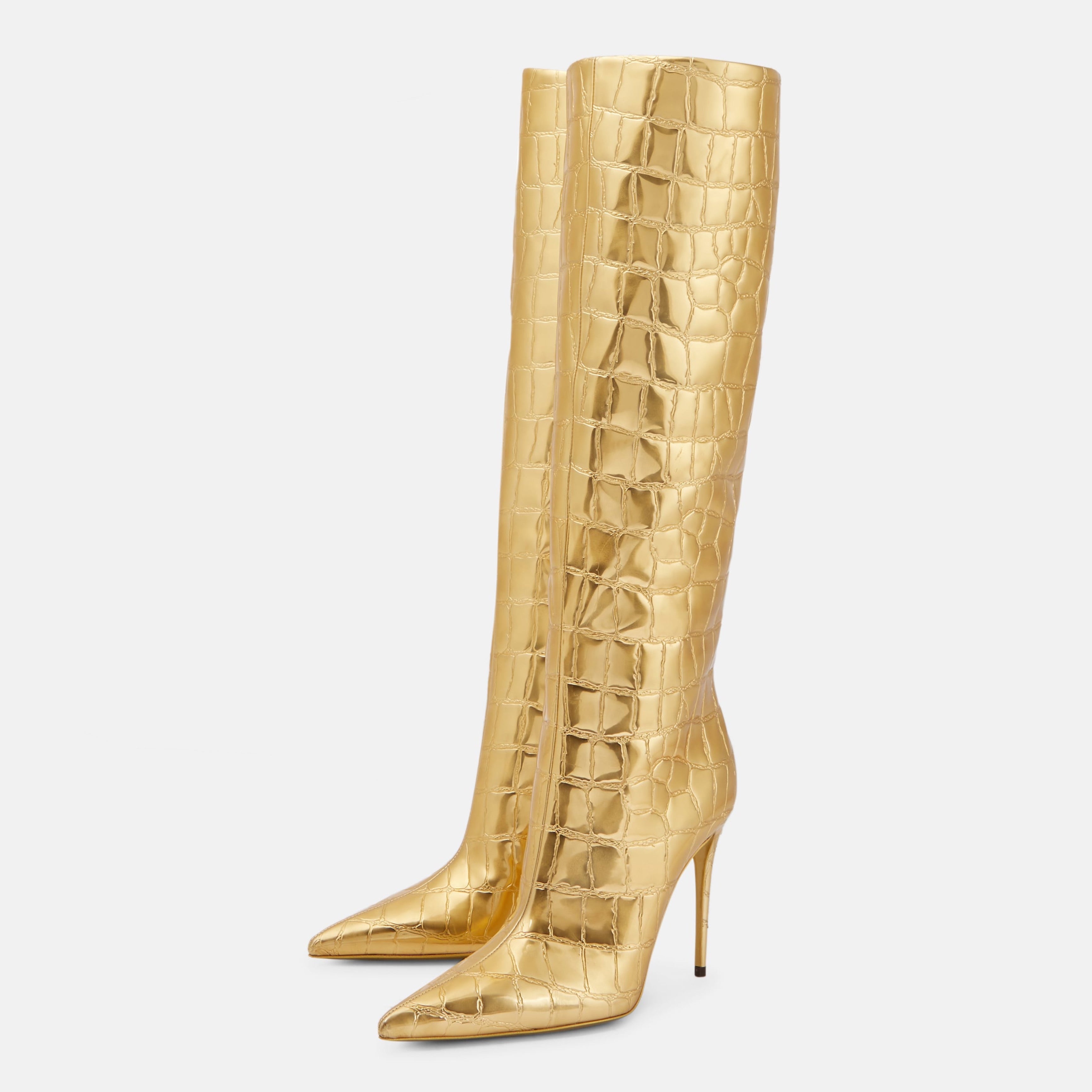 Дамски високи кожени ботуши на токчета в златист цвят DOLCE & GABBANA Women’s Luxury Gold Stiletto High Boots