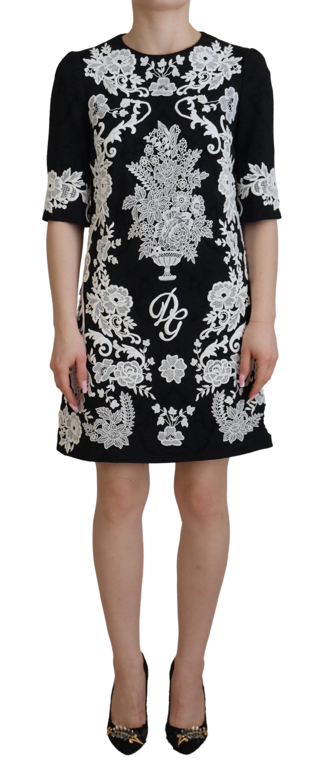 Dolce &amp; Gabbana Елегантна черна мини рокля с А-силует и дантелена гарнитура