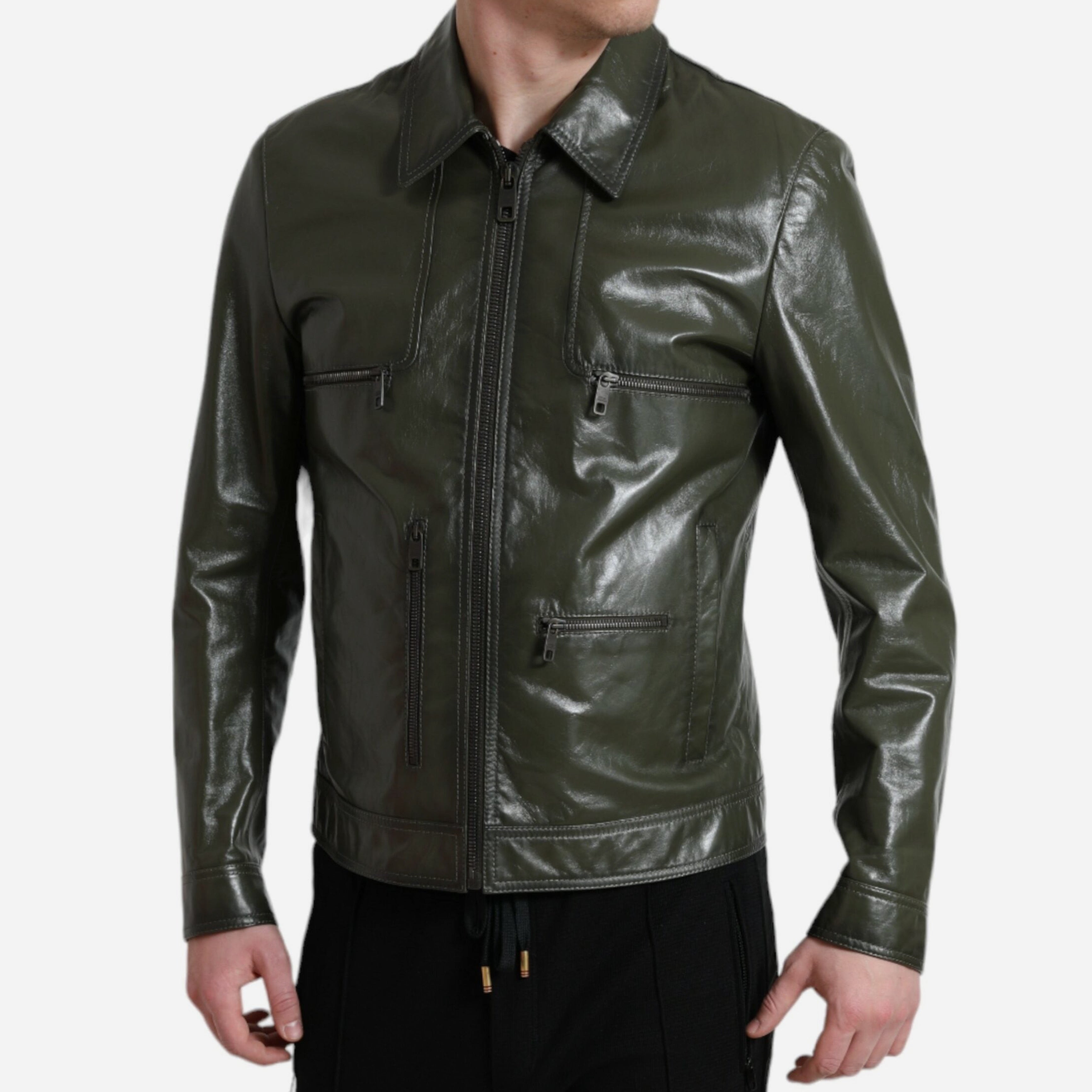 Мъжко луксозно кожено яке в зелено DOLCE & GABBANA Men’s Luxury Leather Emerald Green Biker Jacket