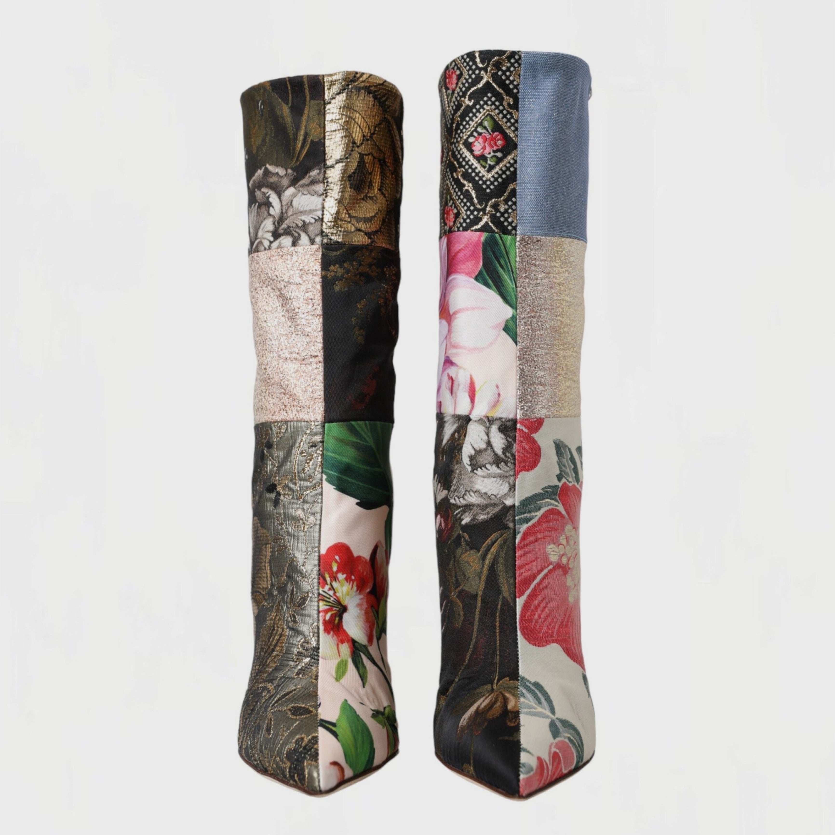 Дамски луксозни ботуши на висок ток с пачуърк DOLCE & GABBANA Women’s Multicolor Patchwork Print Heeled Boots