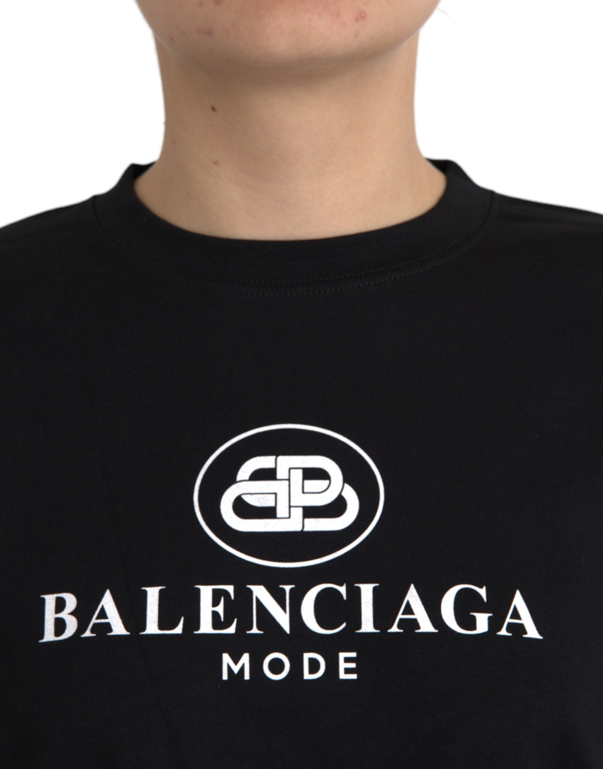 Черна памучна тениска с кругло деколте и къси ръкави с лого Balenciaga