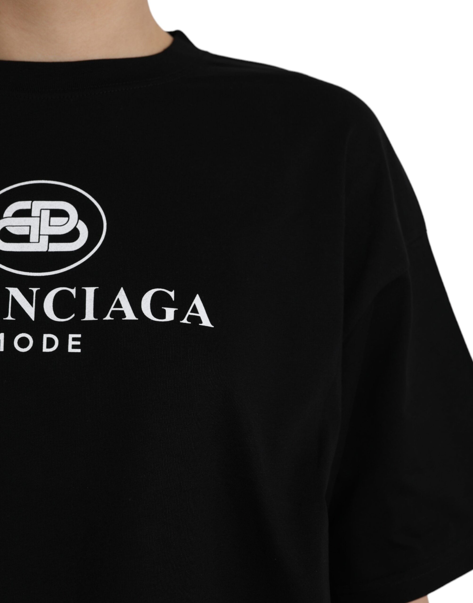 Черна памучна тениска с кругло деколте и къси ръкави с лого Balenciaga