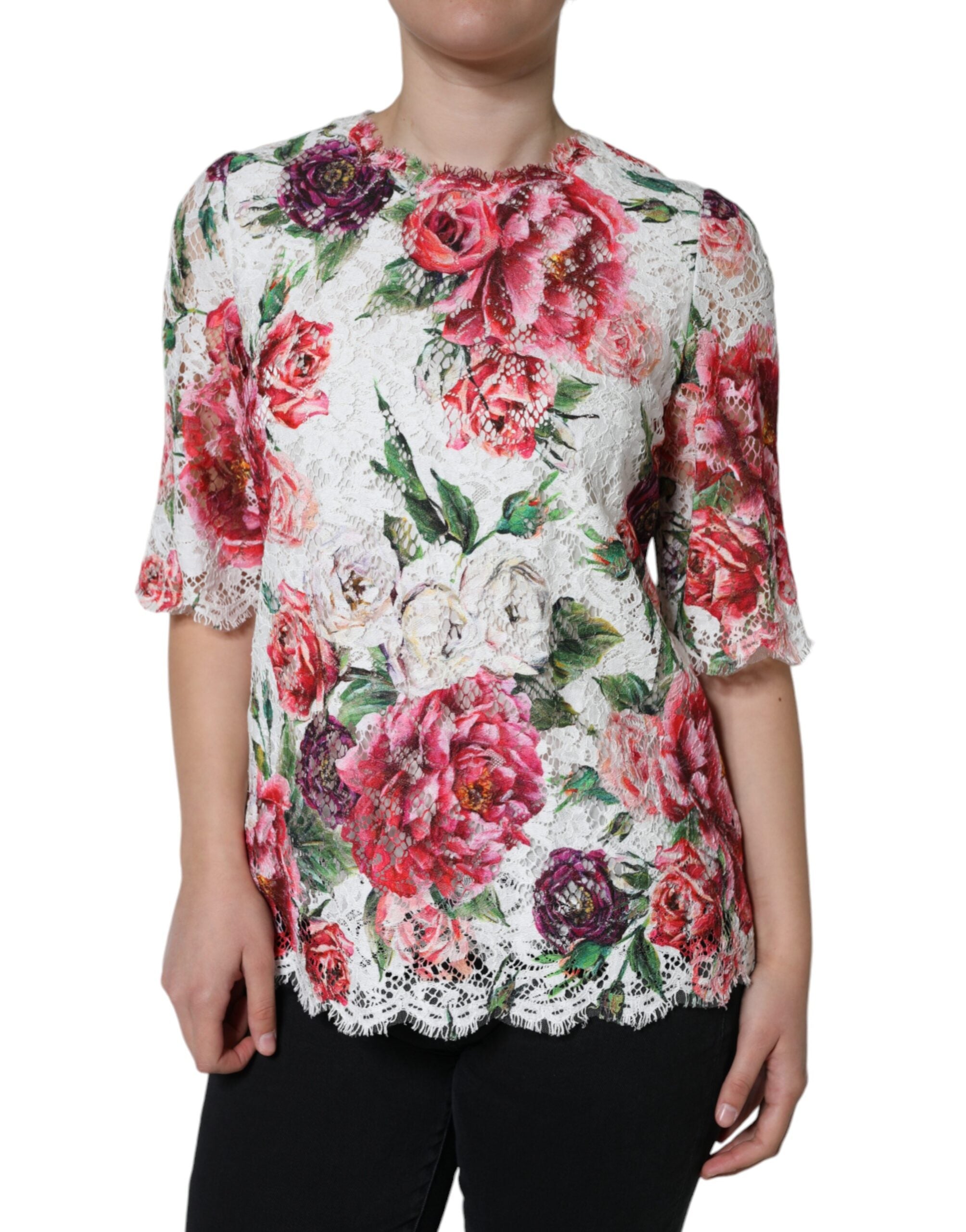 Dolce &amp; Gabbana Бяла божурна дантелена блуза с къси ръкави