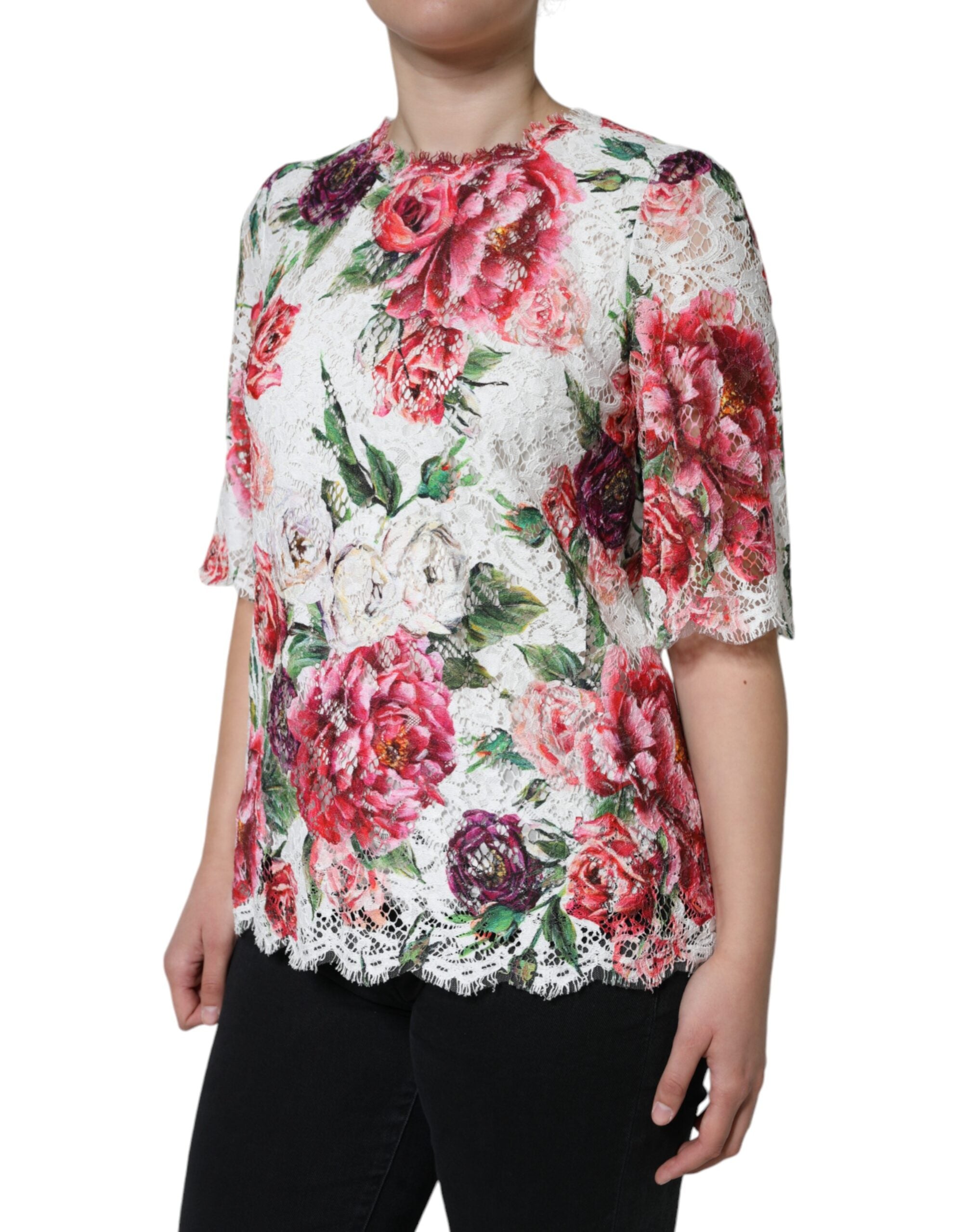 Dolce &amp; Gabbana Бяла божурна дантелена блуза с къси ръкави